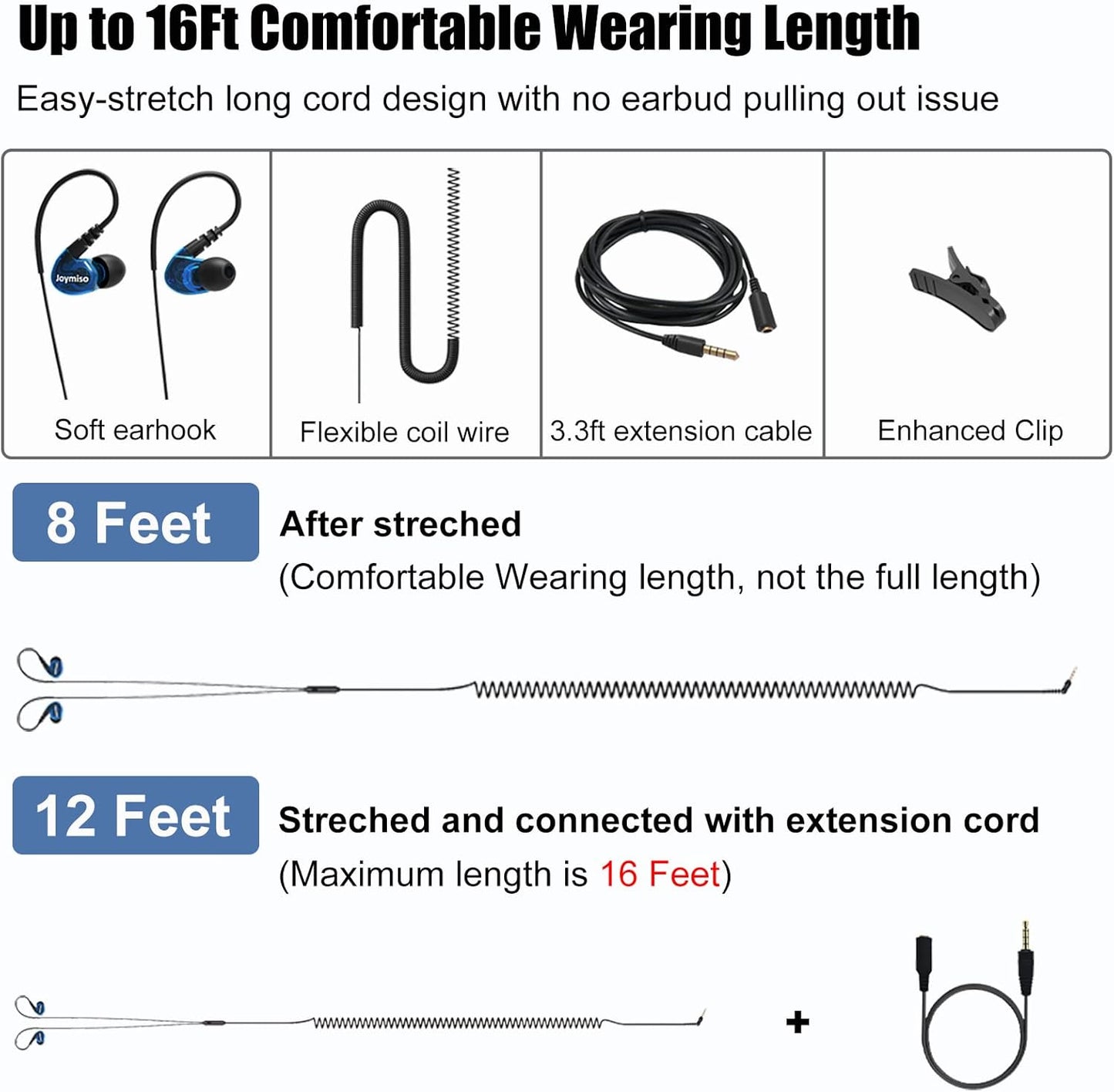 16Ft 3.5mm Joymiso Extra Long Cord Earbuds Headphones for TV PC Laptop with Mic, Volume Control, Spring Coil Wire