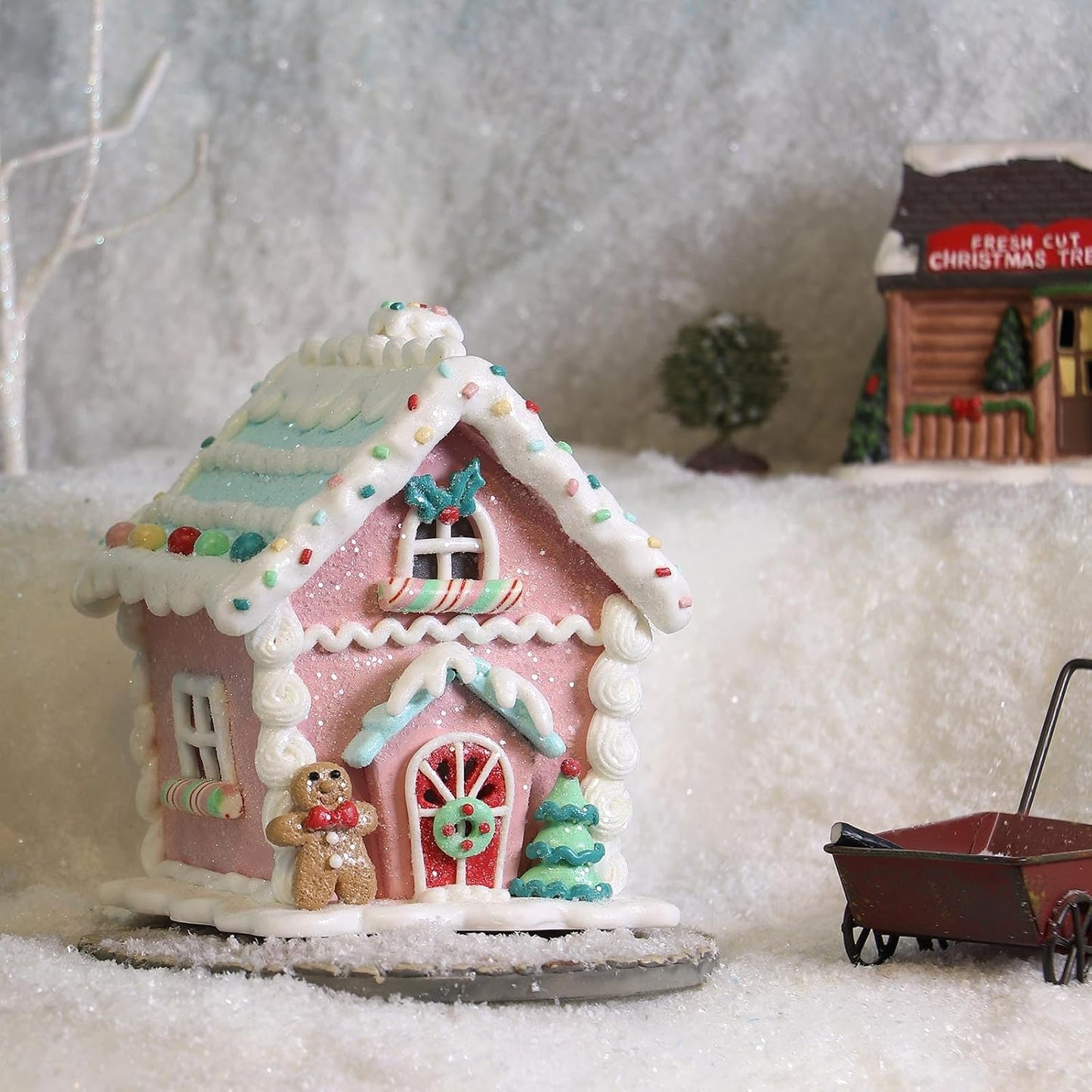 Regine Switzerland LED Gingerbread House Christmas Decorations - 5.9" Ornaments with Cookie & Pine Tree