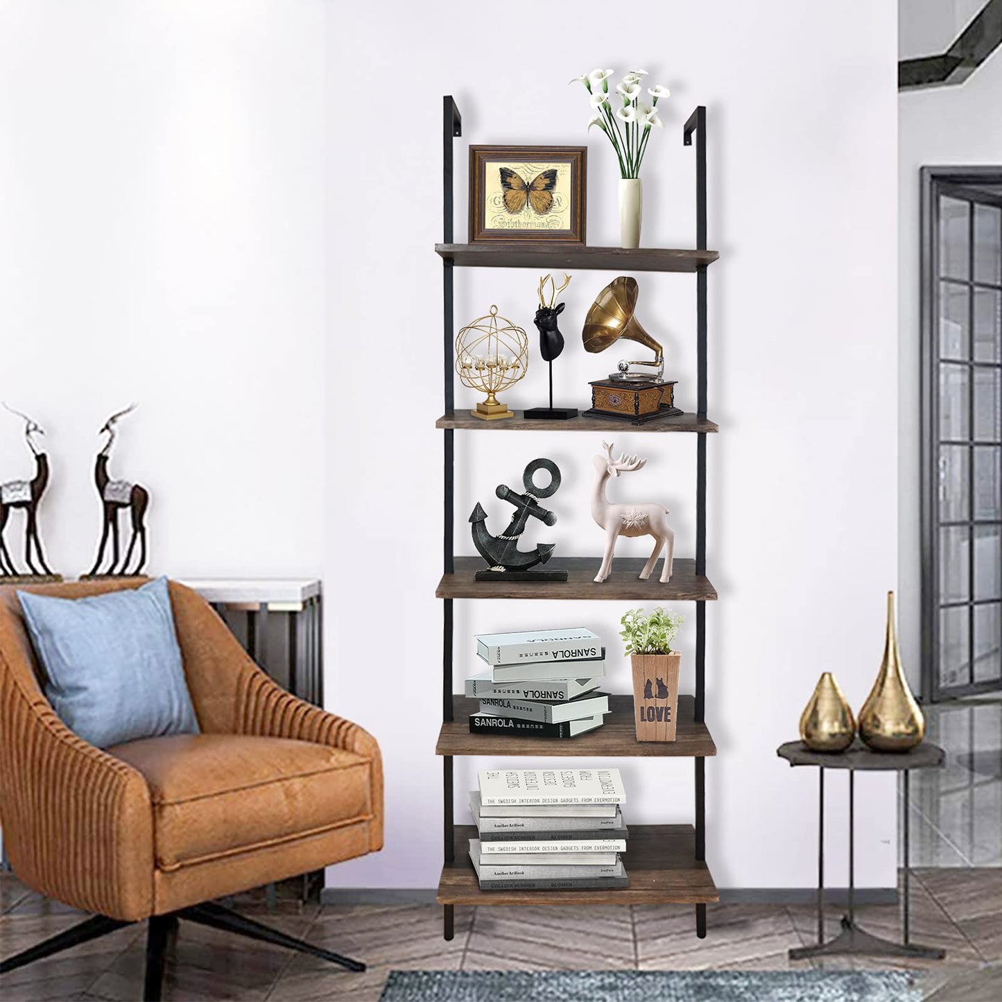 aboxoo Ladder Shelf Open Bookshelf 5-tier Wood Wall-mounted Bookcase Storage Rack Open back Industrial Modern Plant Flower Stand Utility Organizer Bookcase Metal Frame Furniture Office Kitchen Bedroom