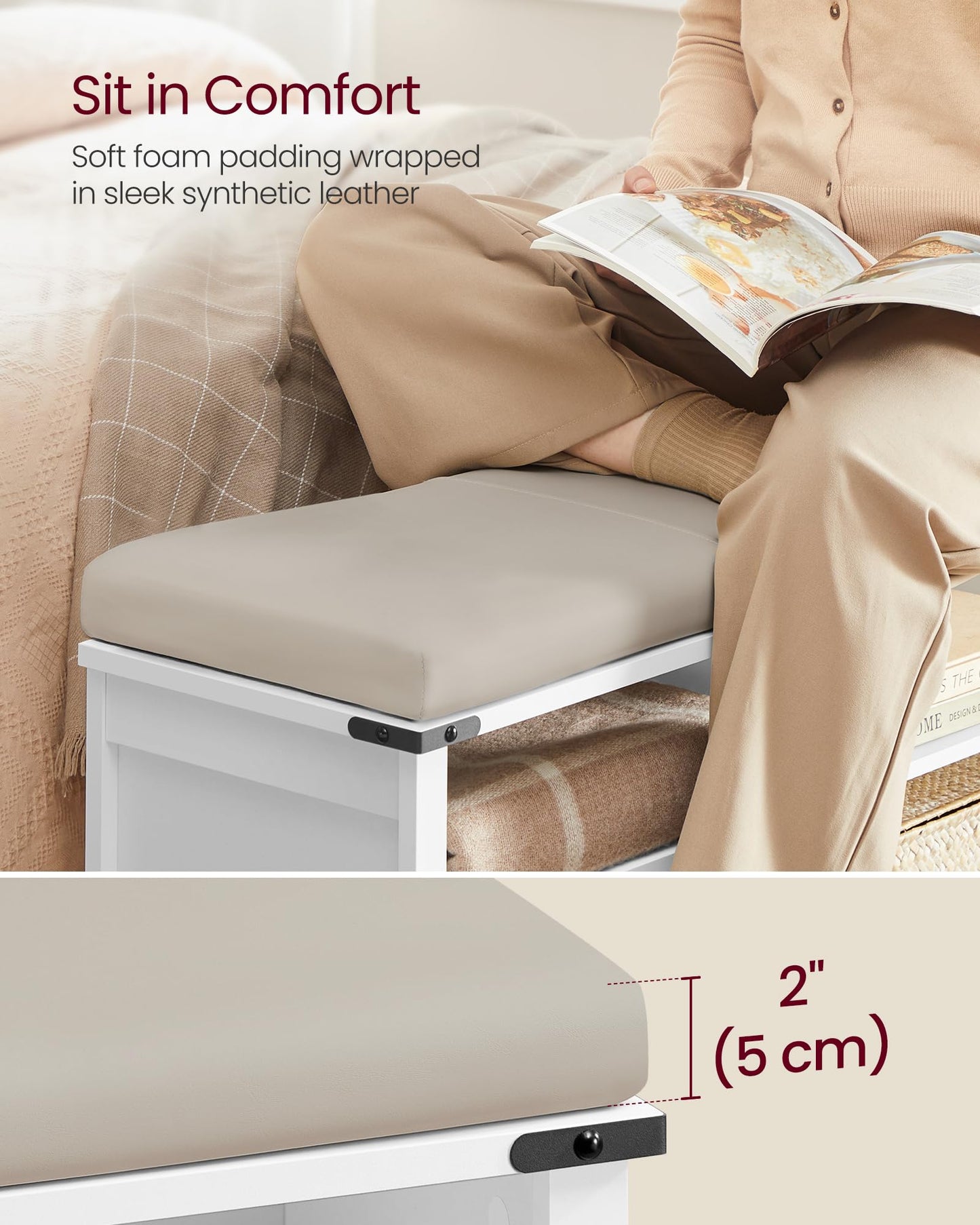 VASAGLE Shoe Storage Bench with Removable Cushion, Shoe Rack with Padded Seat, Entryway Bench with 6 Open Compartmens, Adjustable Shelves, for Hallway, Bedroom, Cloud White ULSB105W01