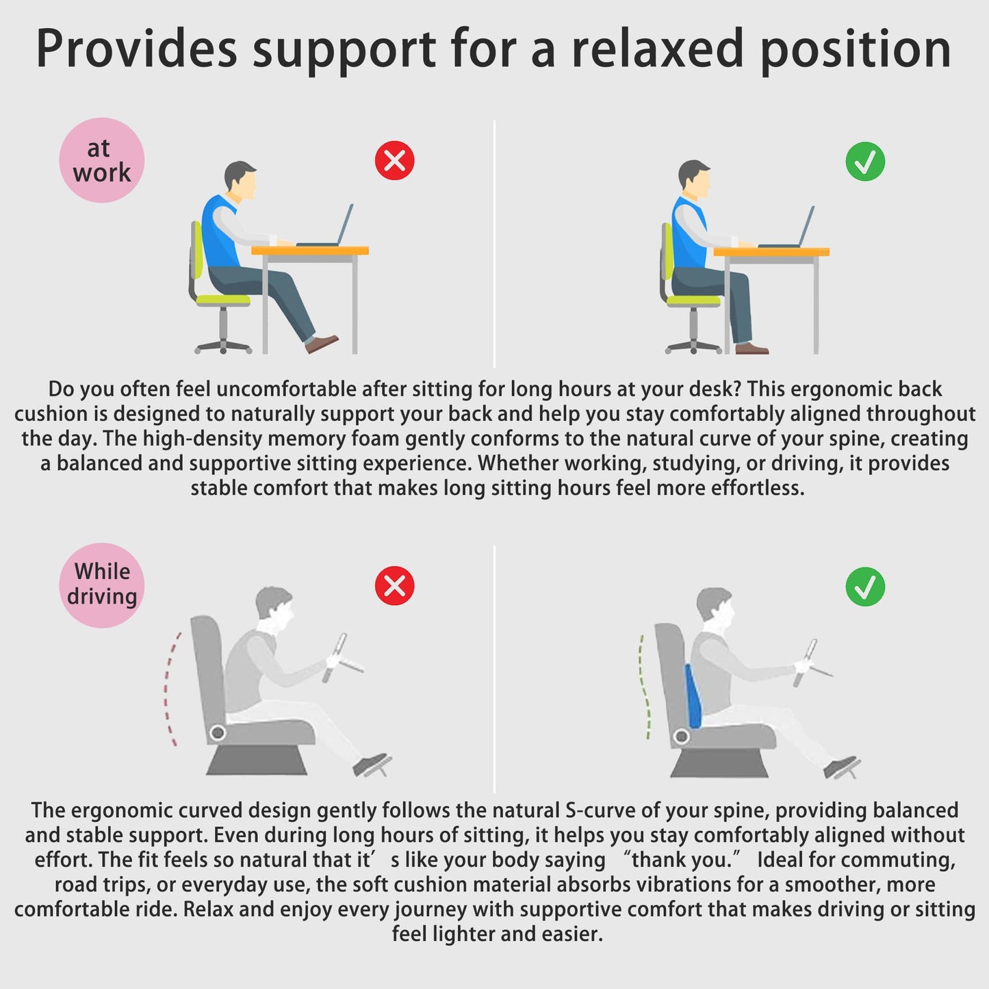 Rechteckig Lumbar Support Pillow for Office Chair, Office Home Must Haves, Back Support for Car, Back Cushion, Back Support Pillow for Chair, Height Adjustable, Dynamic Tracking of Back Movement