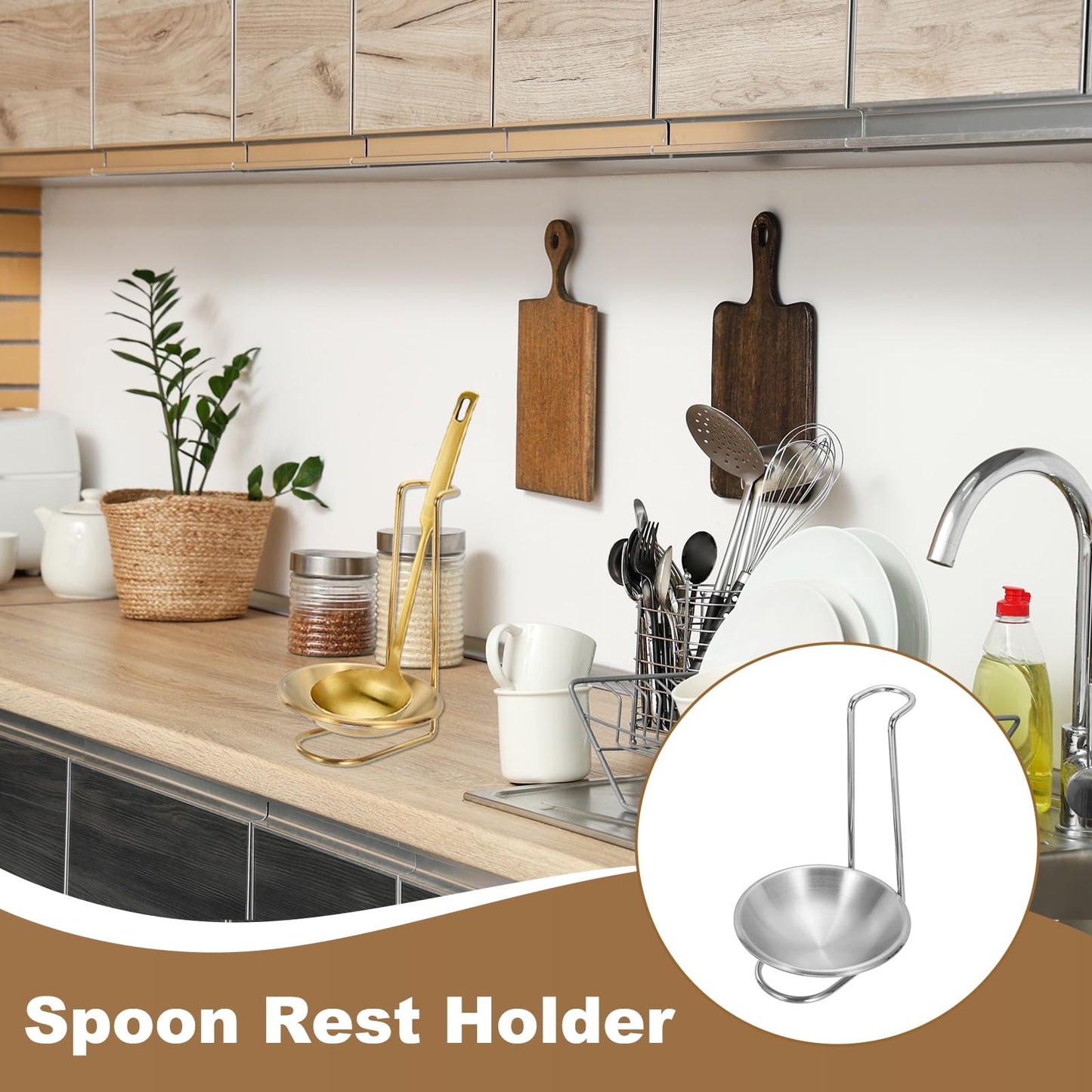 uxcell Spoon Rest Holder, 4.3x4.3x7 Inch Stainless Steel Upright Ladle Rack Set with Round Stainless Steel Bowl, Portable Upright Spoons Rest for Home Kitchen Restaurant Counter, Silver