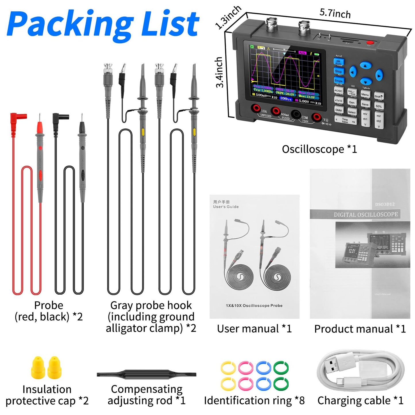 LCD Handheld Digital Oscilloscope Kit - 2 Channel 3.2" TFT Multimeter Oscilloscope Signal Generator Mini Automotive Oscilloscope Bandwidth 120Mhz Digital Oscilloscopes Portable 250MSa/s Sampling Rate