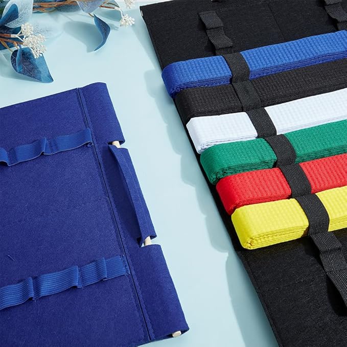 PLIGREAT 2 Pack Karate Belt Display Rack, 12 Belts Taekwondo Belts Display Felt Martial Arts Belt Organizer with Wood Frame for Martial Art Learners, Black & Blue