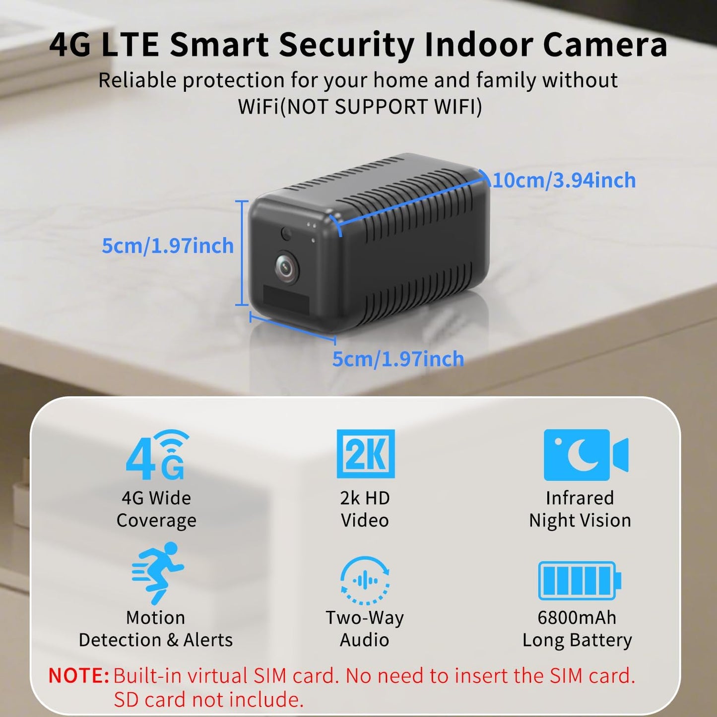 runofast 4G 2K 2-Way LTE Cellular Camera Indoor, Portable No WiFi Security Camera with Radar Motion Sensor, Indoor