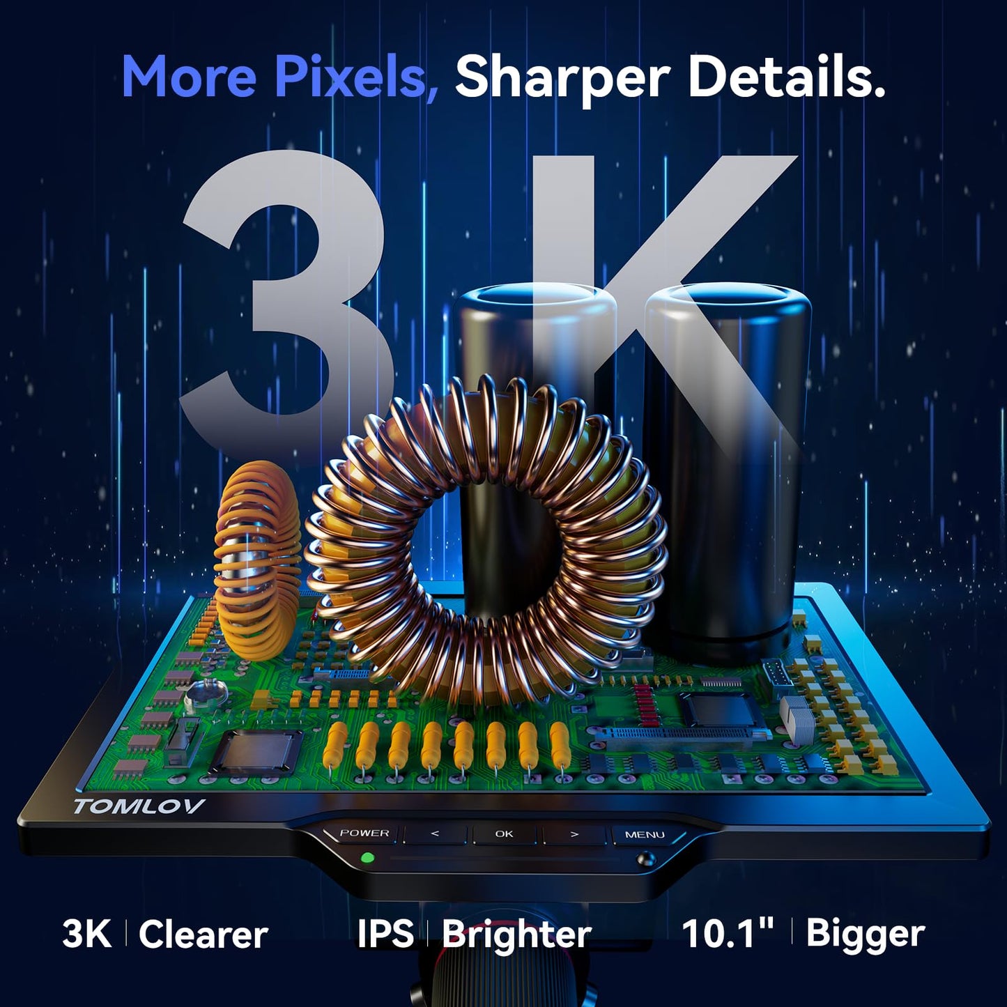 TOMLOV 3D Digital Soldering Microscope: Magnetic Dual Lens Micro Scope TM3K-3D Max For Adult, Coin Microscope with Flex Arm, 3K 10.1-Inch IPS Screen, HDMI/USB Output, Gooseneck Light, Repair Mat, 16GB