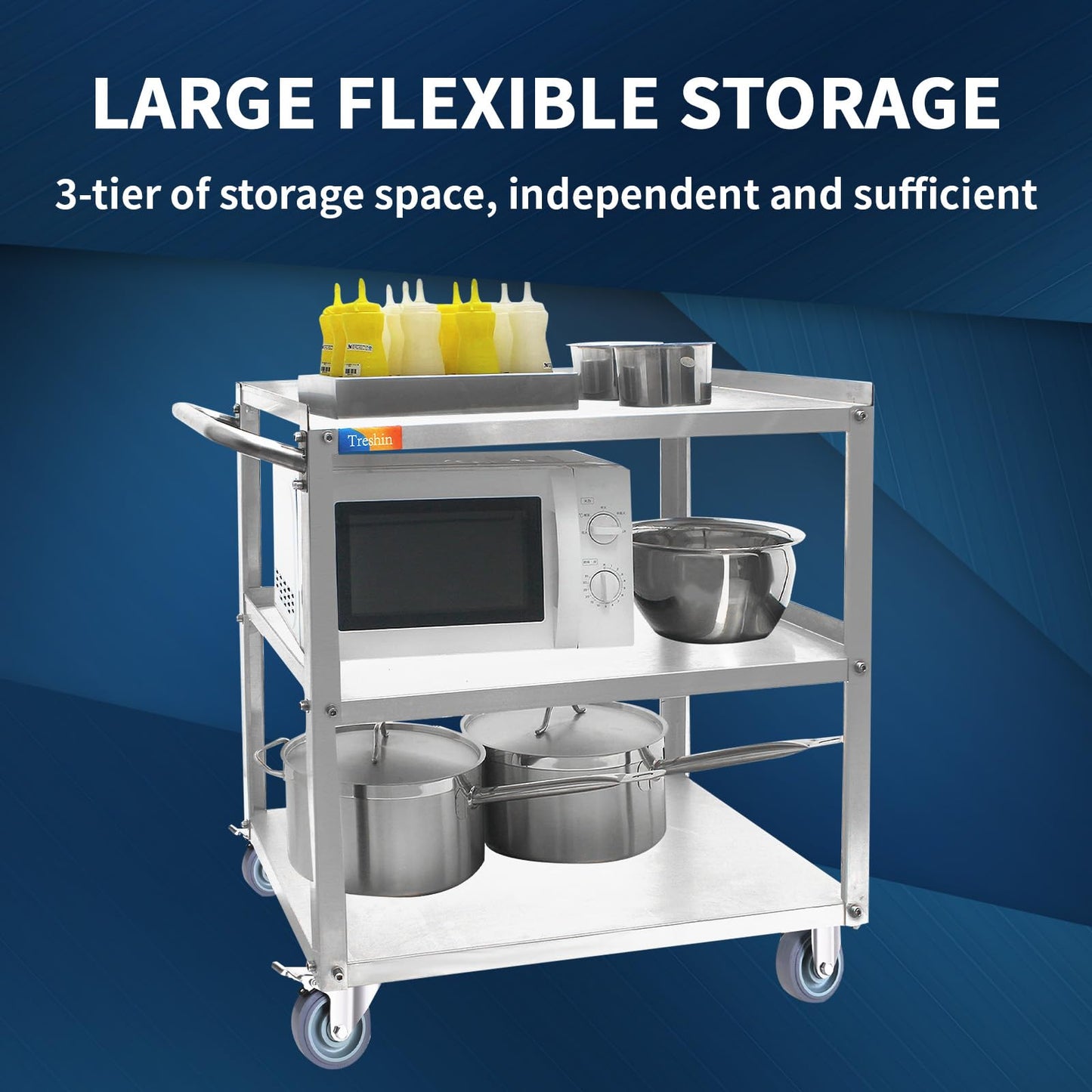 Treshin 3 Tier Stainless Steel Utility Cart, 16.73" W x 27.76" L x 31.61" H Commercial Heavy Duty Metal Food Service Trolley Rolling with Handle for Kitchen Home Restaurant Hospital Lab and Hotel