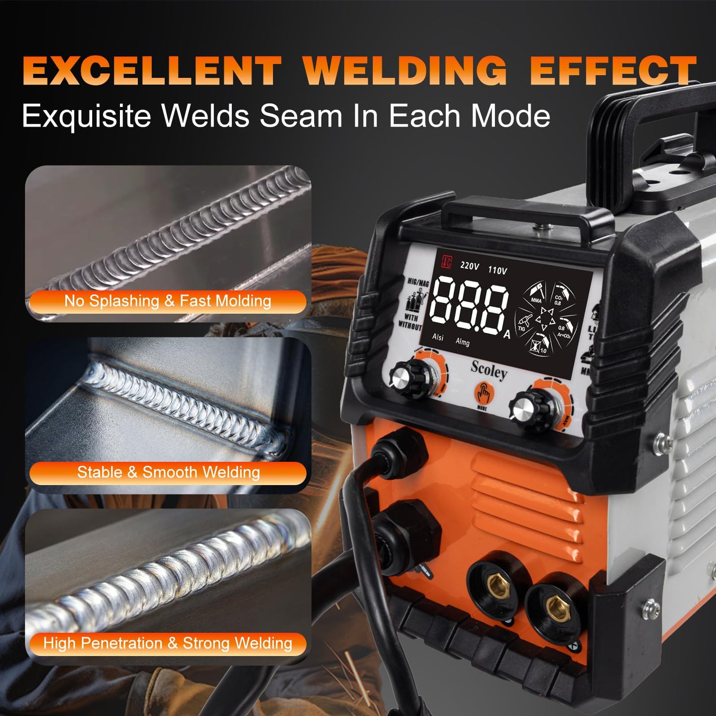 Scoley 5-in-1 MIG Welder 110V/220V, 180A Aluminum Welder/Gas MIG/Flux Core Welder/Lift TIG/Stick Welding Machine with IGBT Inverter Synergic Control, Large Digital Display, Welding Gloves & Mask