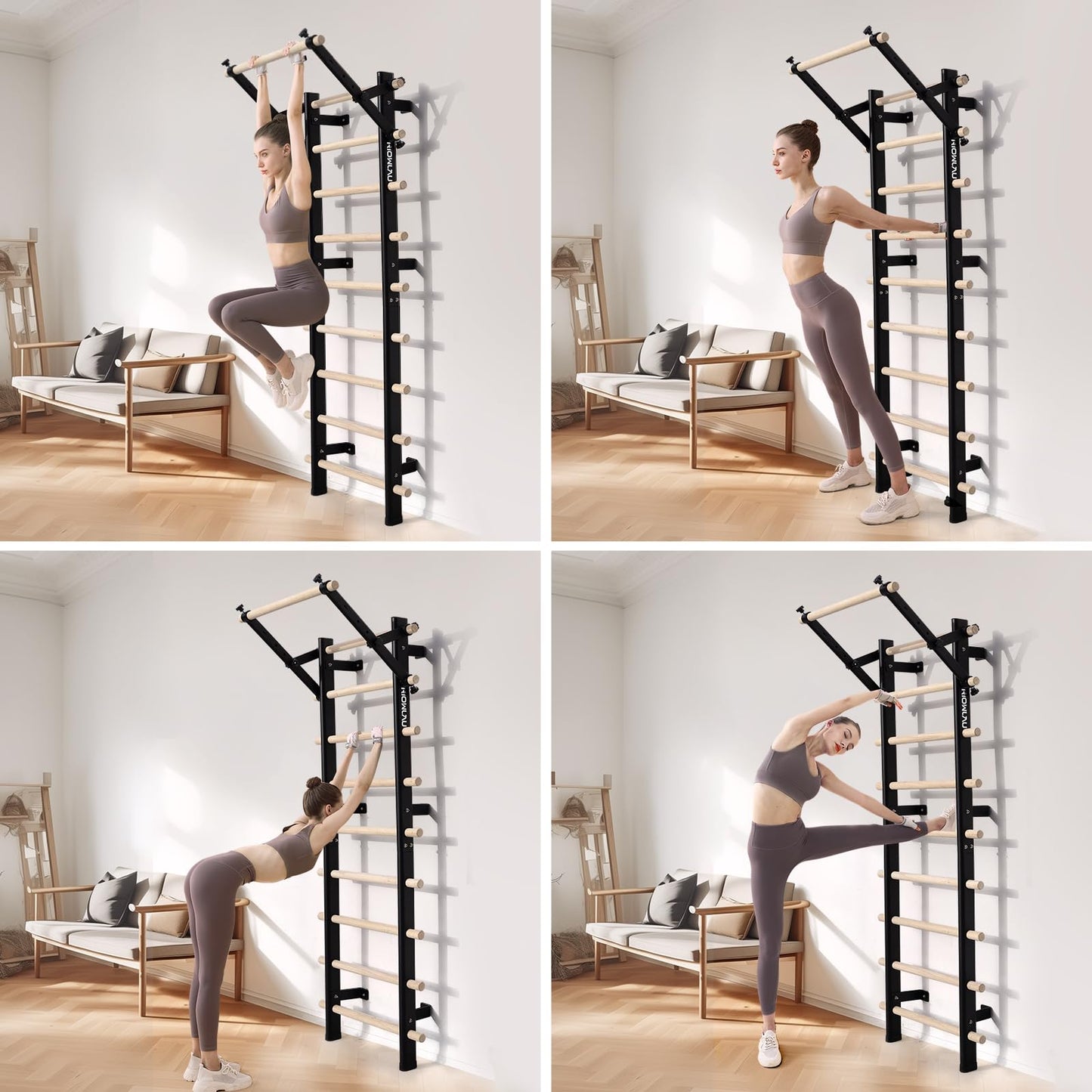 Swedish Ladder, Wood Stall Bar with Suspension Trainer Straps, Pull-Up Dip Bar Attachment, Strategic Rods, for Home, School, hysical Therapy and Gymnastics, Upgrade Installation