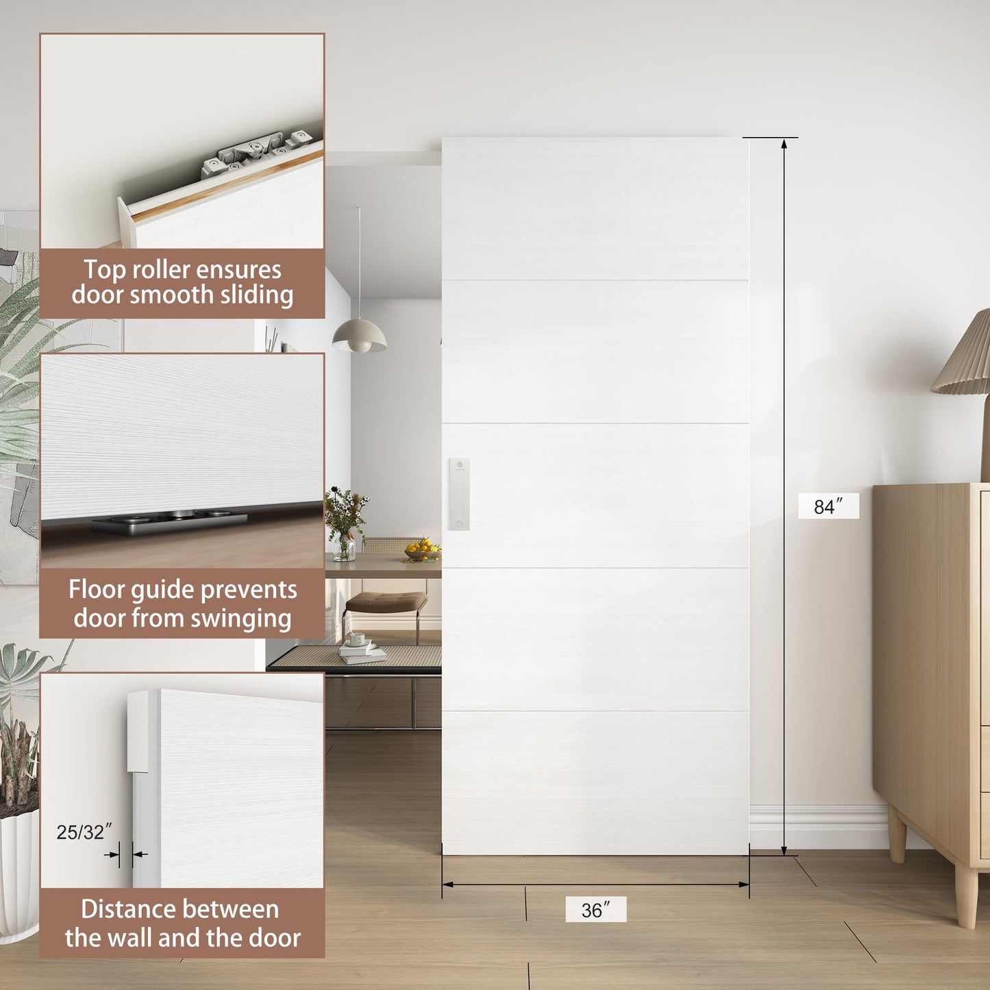 JUBEST 36"x84" Concealed Sliding Barn Door with Horizontal Groove and Soft Close Hardware Kit, White Flush Hidden Door for Opening 32"-34"x80", Waterproof and Smooth Sliding, for Interior Using