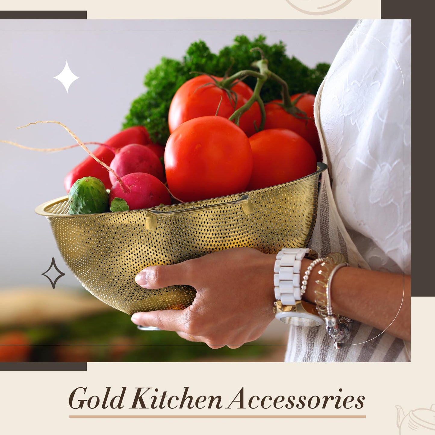 Baderke 6 Pcs Gold Kitchen Accessories Set Includes 3 Gold Mixing Bowls with Airtight Lids Stainless Steel Colander Grater Slicer and Fine Mesh Strainer(Mixing Bowls: 2.8/3.7/5 Qt, Colander: 4 Qt)