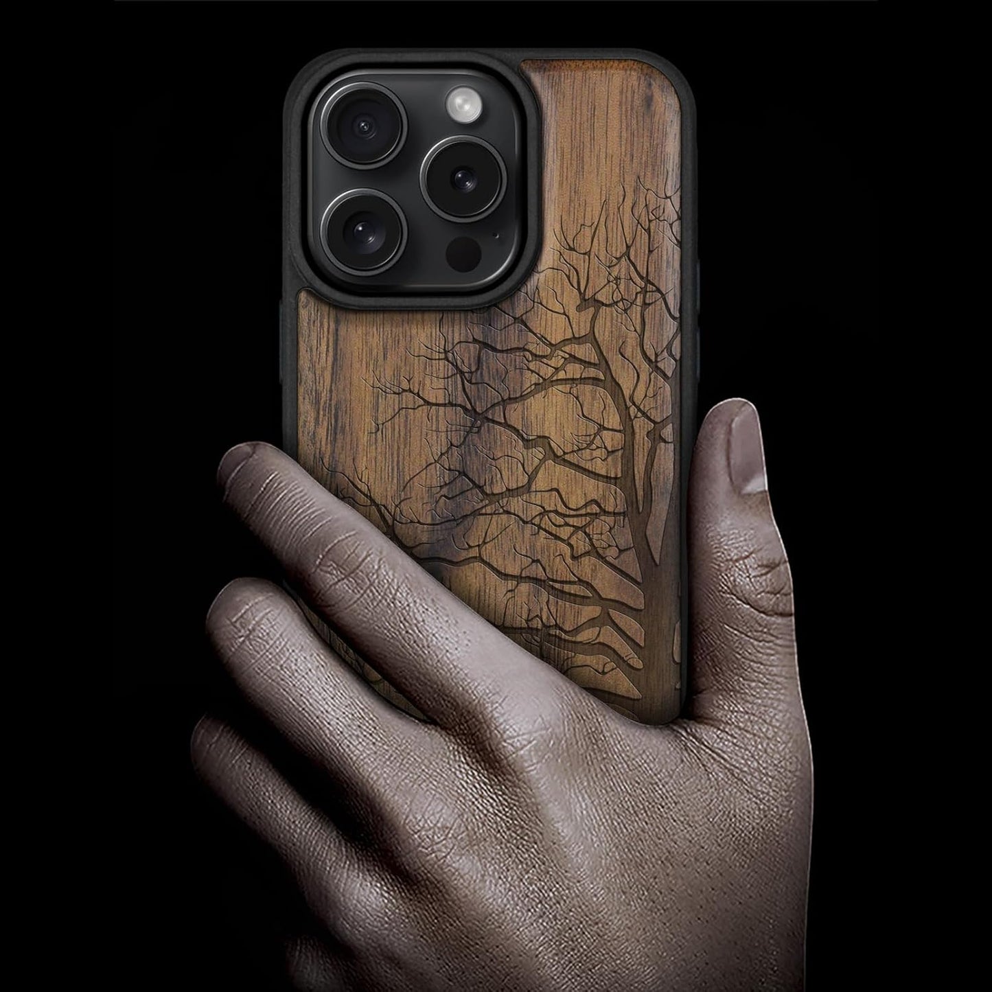 Carveit 16 Magnetic Wooden Case for iPhone Pro Case, Wood Artisan Engraved & Black Soft TPU Shockproof Cover