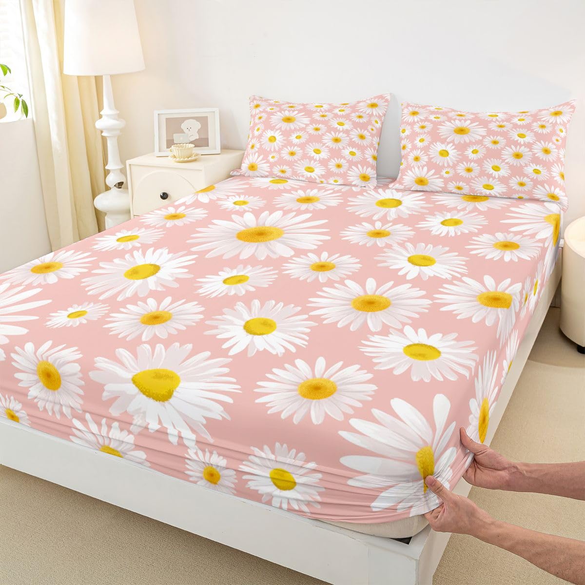Erosebridal Pink Daisy Sheet Set Queen Size Boho Floral Bed Sheets,Romantic Garden Flowers Fitted Sheet Plant Botanical Bed Cover for Boys Child Bohemian Farmhouse Rustic Room Decor