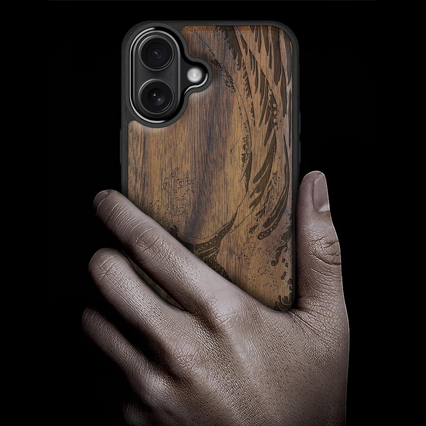 Carveit 16 Magnetic Wooden Case for iPhone Case, Wood Artisan Engraved & Black Soft TPU Shockproof Cover, Compatible