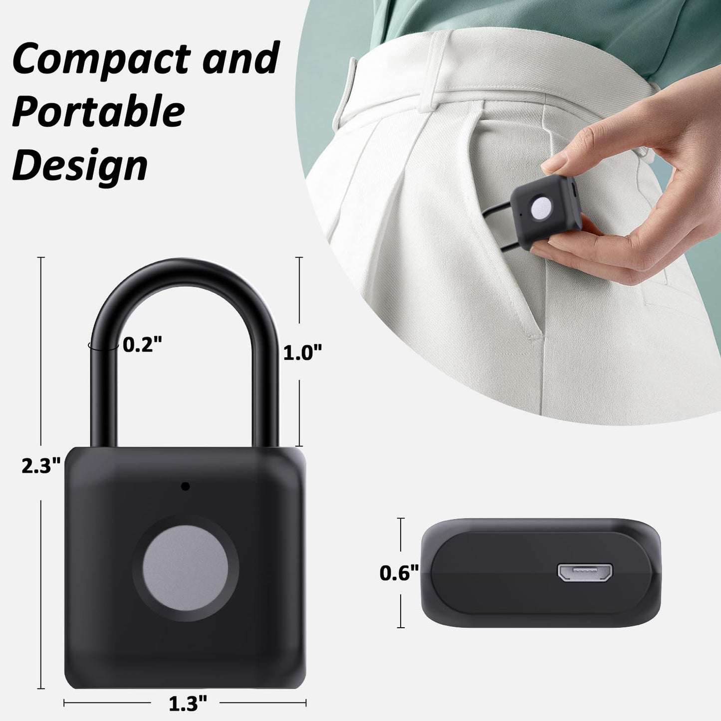 Pothunder Fingerprint Padlock, Smart Padlock, Locker Lock, Combination Lock, Fingerprint Lock with APP Unlock, USB Rechargeable, Suitable for Gym Locker, Door, Locker(Black)