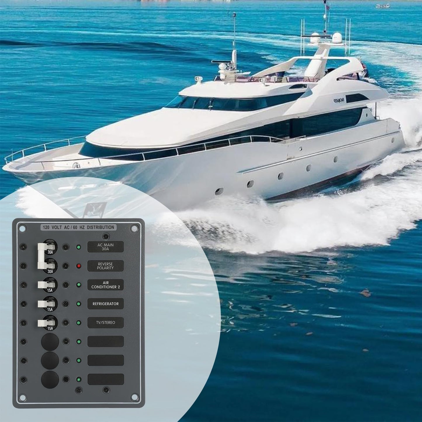 AC Main Circuit Breaker Panel 6-Position Metal Panel withand Red LED Reverse Polarity Indicator and Pre-Wiring,for Marine RV Yacht