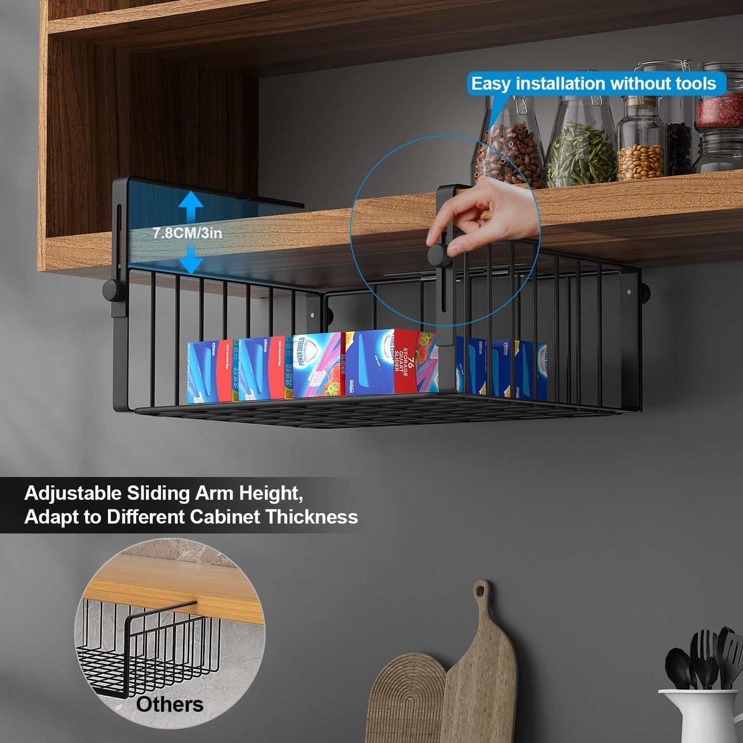 AmonHouseware 2 Pack Hanging Under Shelf Storage Basket,Adjustable Under Cabinet Add-on Storage Racks Slide-in Baskets Organizer for Laundry Room Kitchen Pantry Desk Bookshelf, Black