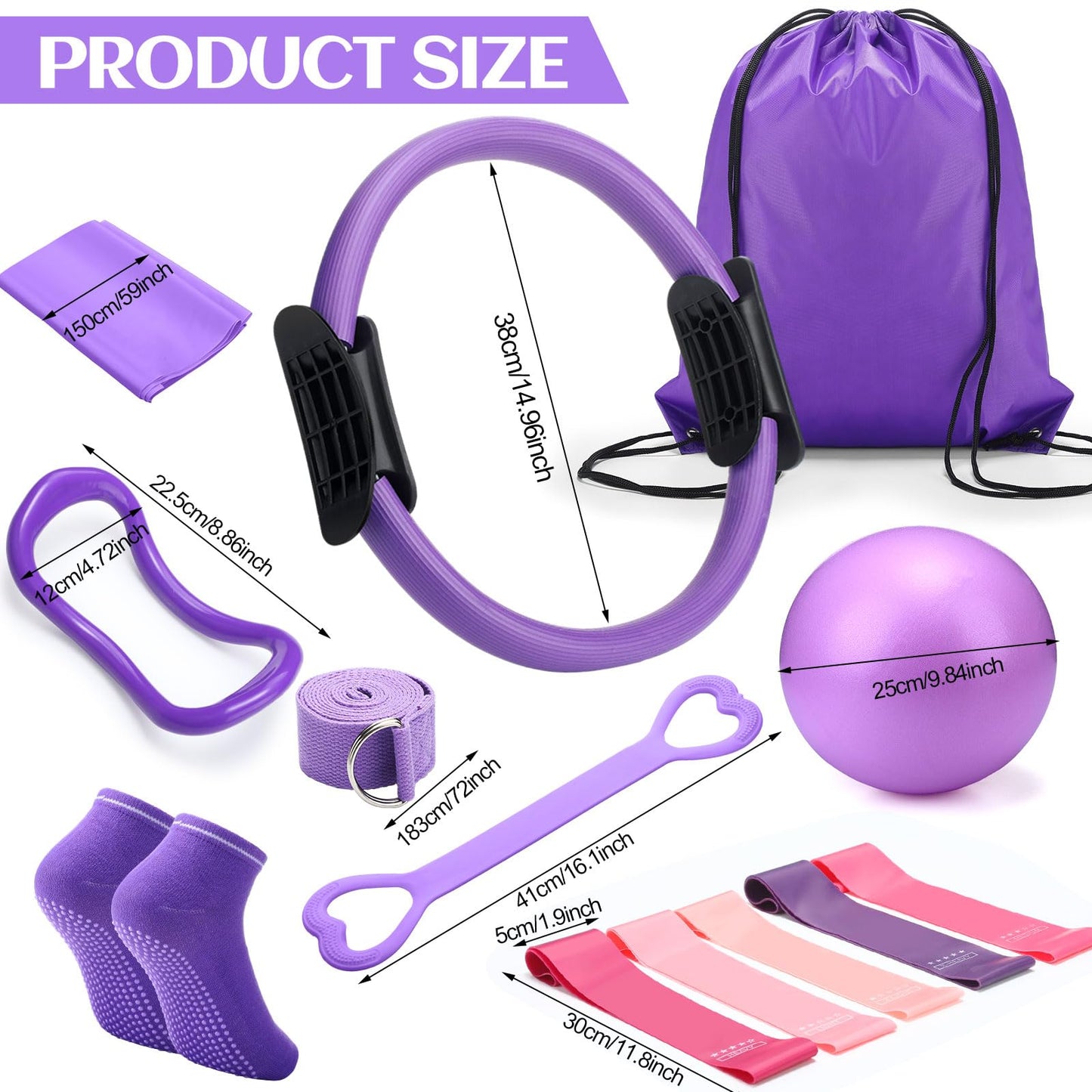 RoundFunny Pilates Ring Circle Set 18 Pcs Exercise Equipment Accessories for Women Workouts Pilates Ball Stretching Strap Magic Circle Yoga Ring Gym Back Bag Resistance Band Anti Slip Socks (Purple)