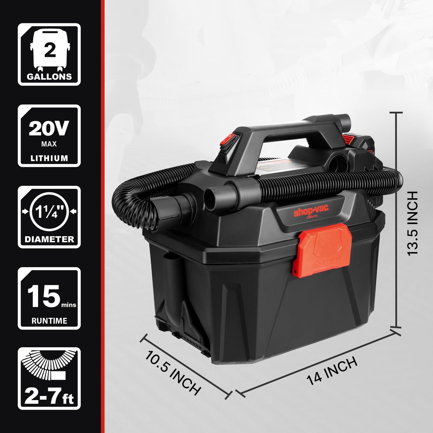 Shop-Vac 5430023 20V Cordless Wet/Dry Vacuum, 2 Gallon, 1.5 Inch Diameter x 5 Foot Hose, Portable Design for Quick Cleanups in Home and Garage