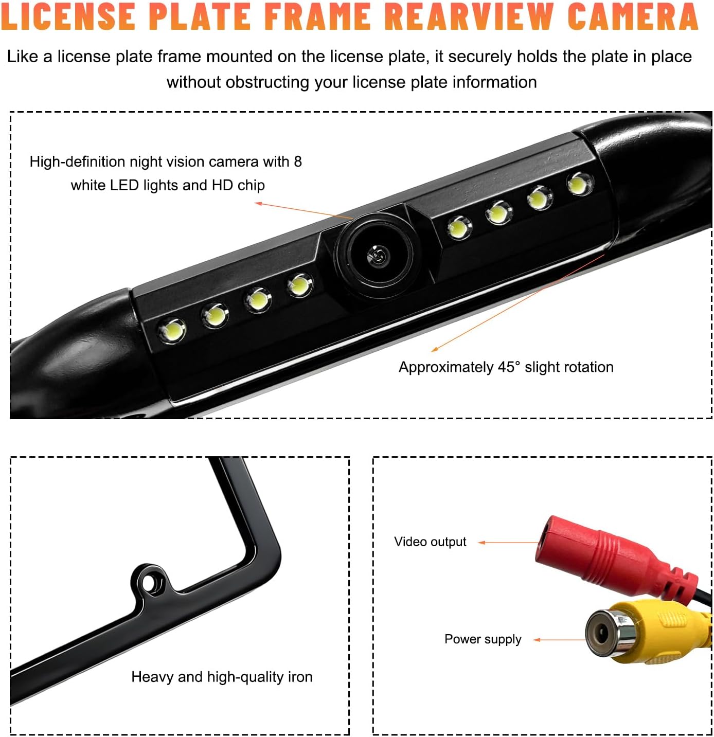 Fkewp 12V 8 170 License Plate Frame Backup Camera, Waterproof Rear View Camera with License Plate & LED, Viewing Angle