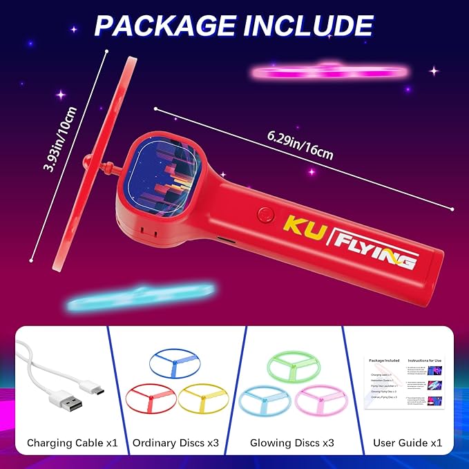 Rechargeable Disc Launcher with 6 Flying Spinners for Outdoor Activities Game White Elephant Gift Fidget Toys (Red)