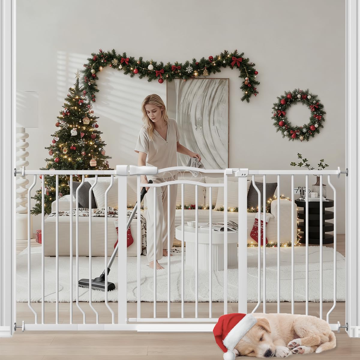THEYFIRST Extra Wide Baby Gate for Doorways 53.1"-62.6", Pressure Mounted Dog Gates With Door, Child Safety Barrier Walk Thru Indoor, Large Babygate Long for Kids Toddler Pet Outside, 30 In Tall White