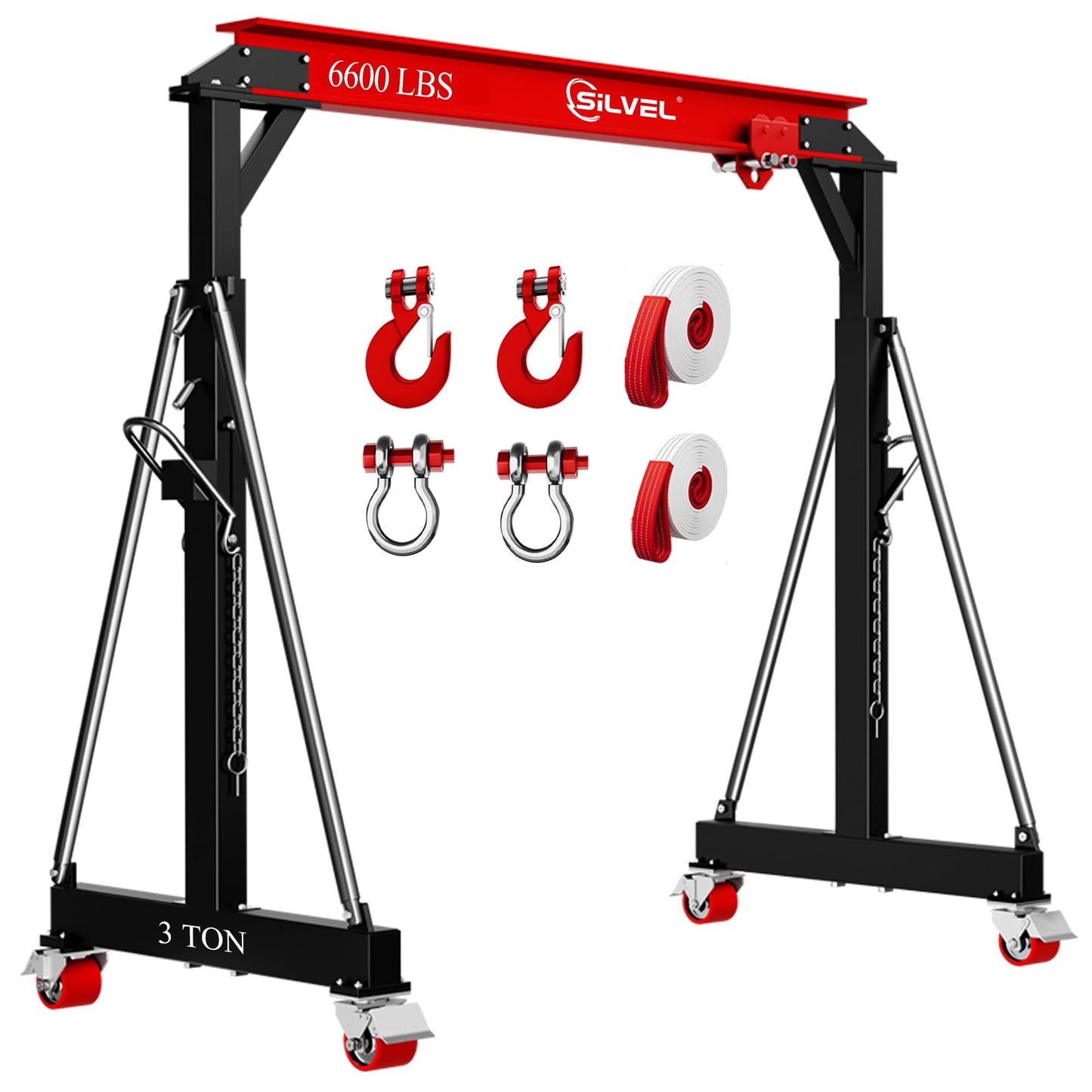 SILVEL 3 Ton Gantry Crane, Max 6600Lbs 8.53FT Maximum Capacity Width, Adjustable Height 8.53-12.47FT, Portable Shop Lift Hoist with 3 Ton Manual Trolley for Factories, Warehouses, Garage, Red