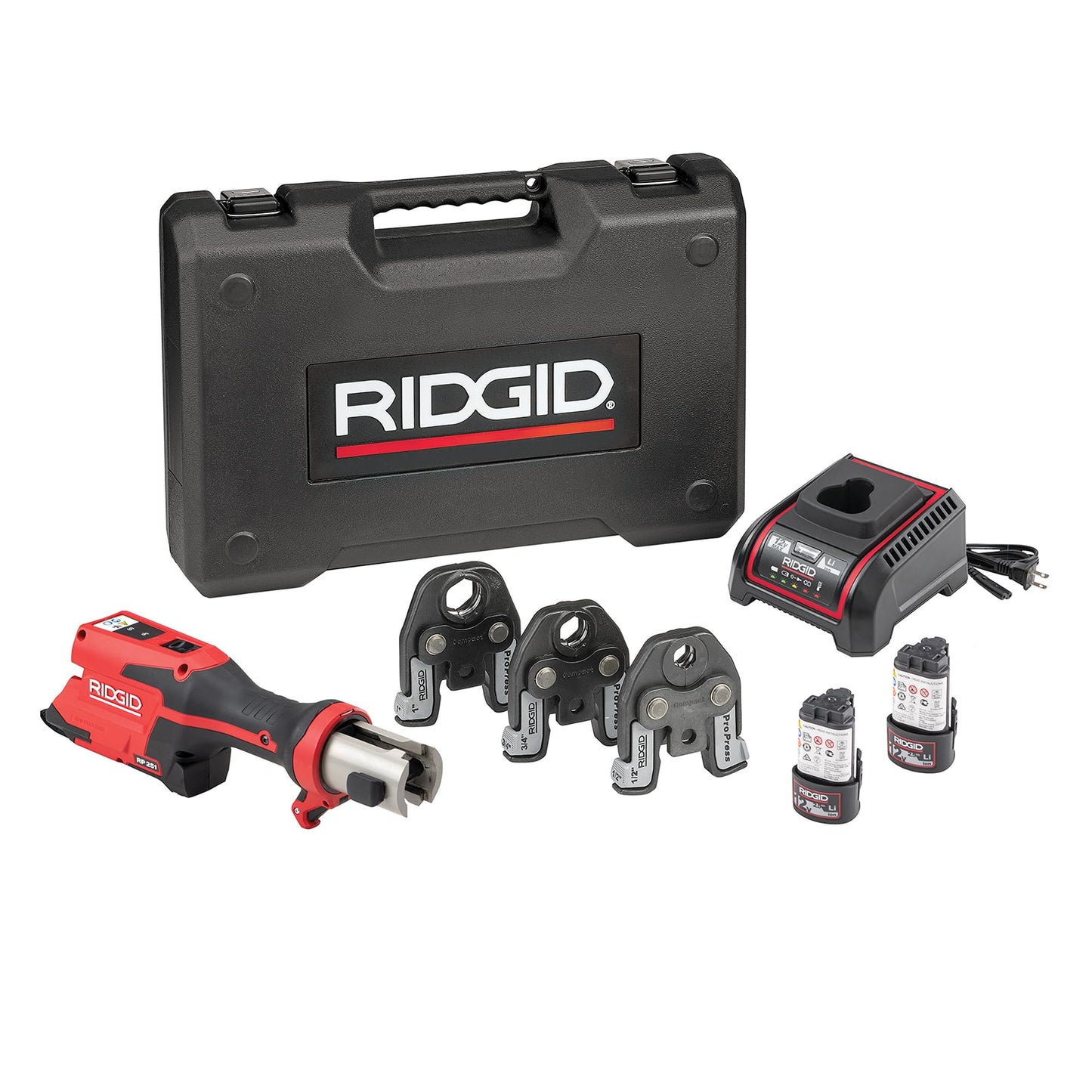 RIDGID 78158 RP 251 Compact Press Tool Battery Kit with ProPress Jaws (1/2" to 1"), In-Line Pressing Tool for Copper, Stainless Steel, PEX, and Carbon Steel
