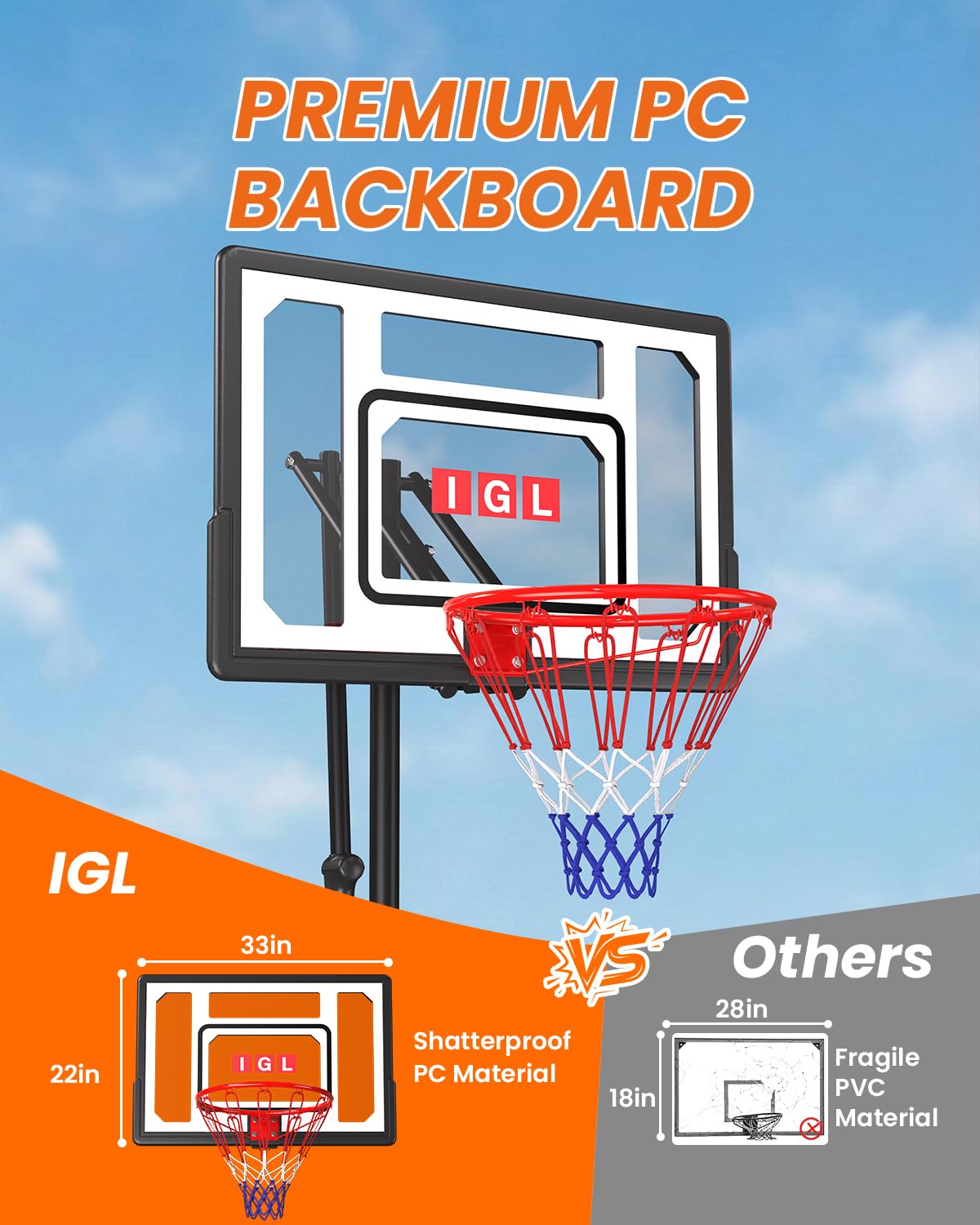 IGL Kids Basketball Hoop Outdoor | 4-8.5ft Adjustable Height | 33" Shatterproof Backboard | Fillable Base & Extra Anchor | Portable Goal w/Wheels for Backyard Driveway | Gift for Kids Teens Youth