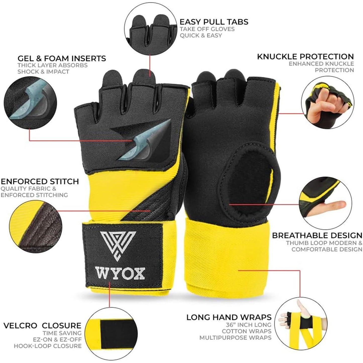 WYOX Gel Boxing Hand Wraps Inner Gloves for Men & Women, 80cm Quick Wrist Straps, Padded Knuckle Protection for Muay Thai Kickboxing, Hand Wraps for Boxing & Martial Arts (Glow Yellow, XS)