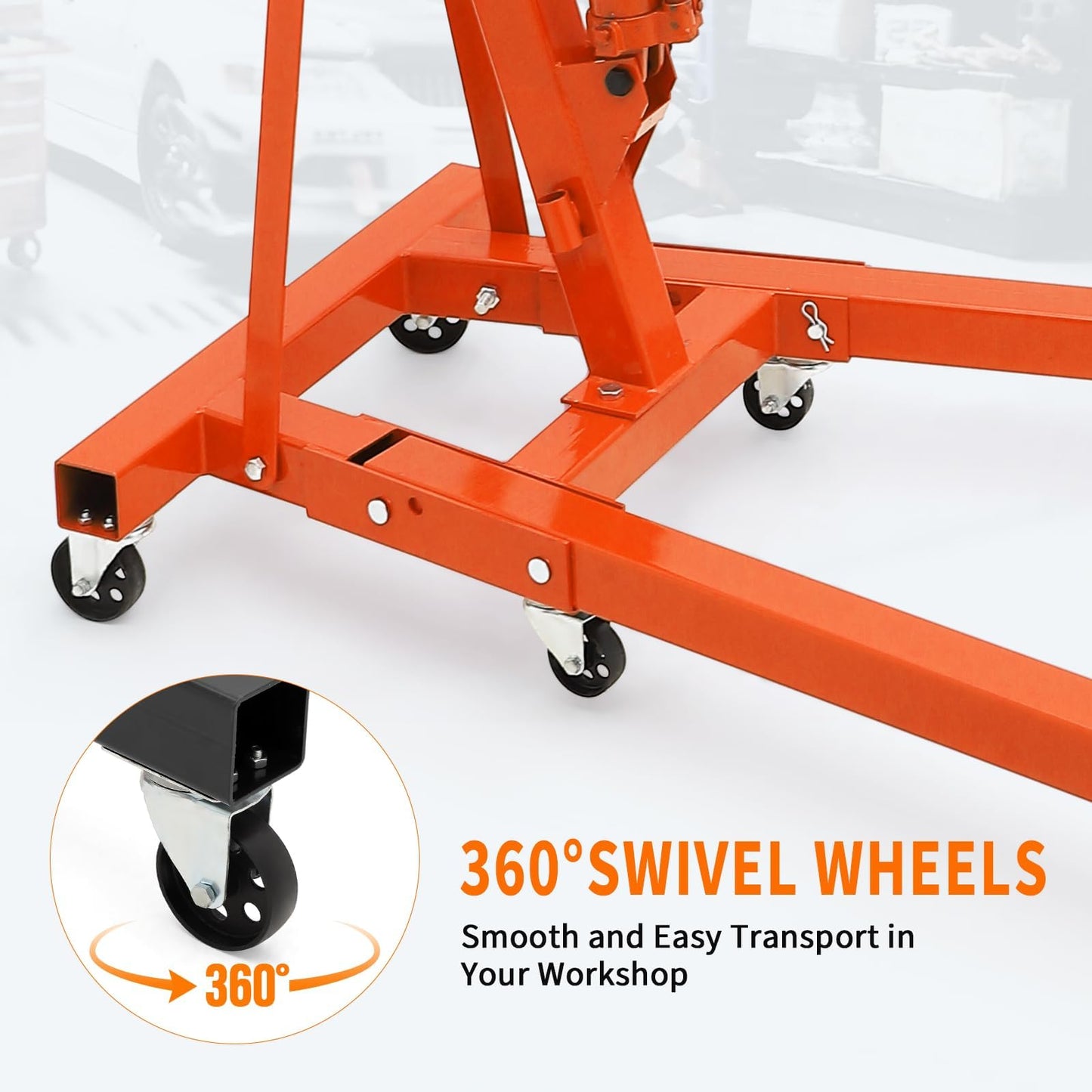 2-Ton Folding Engine Hoist Cherry Picker 44 Lb Capacity Hydraulic Shop Crane with Telescoping Boom 6 Caster Wheels for Automotive Repair Garage Use Includes Hitch and Storage Stand Orange