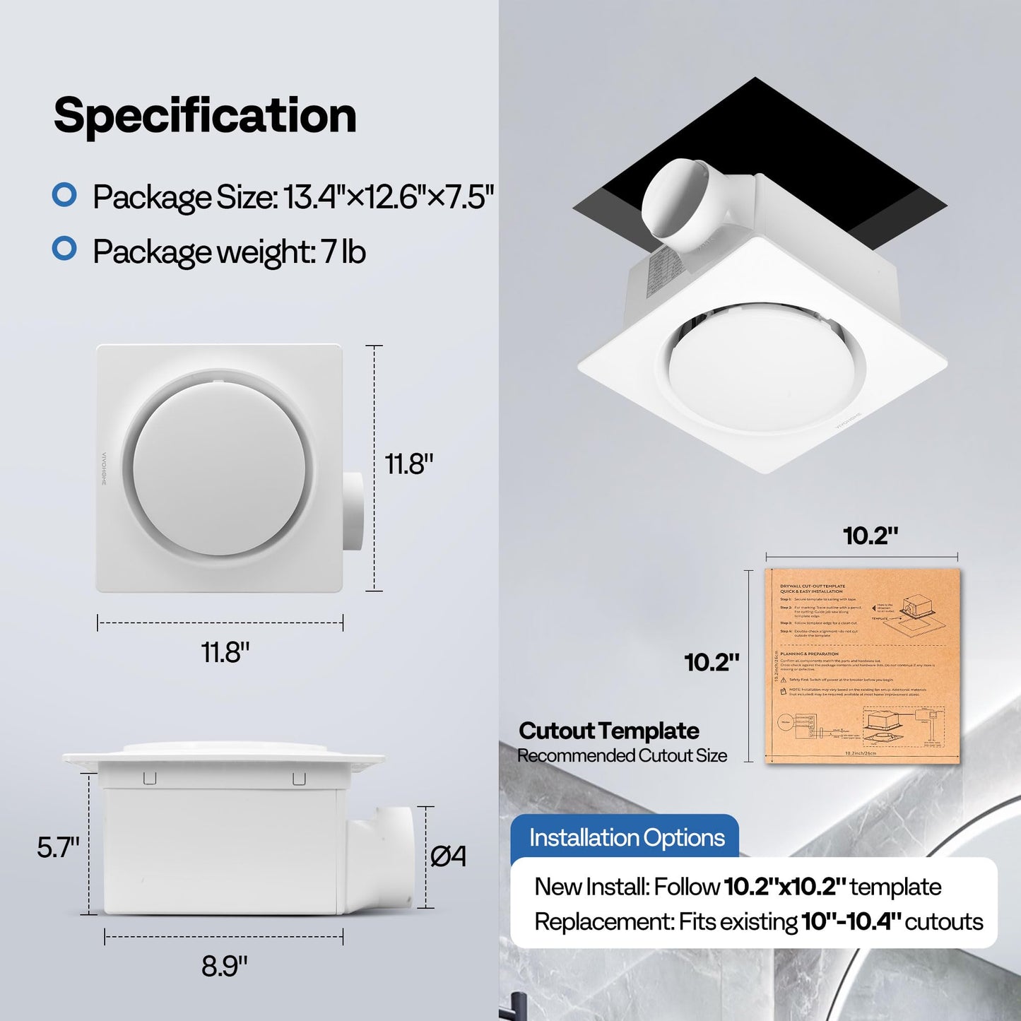 VIVOHOME Autoflow Bathroom Exhaust Fan with Light & Humidity Sensor (160-110-30CFM) - 2700K/4000K/5700K & EC Motor, Retrofit Ceiling Mount Bath Fan, No Attic Access Needed (Install Kit, 4-in Duct)