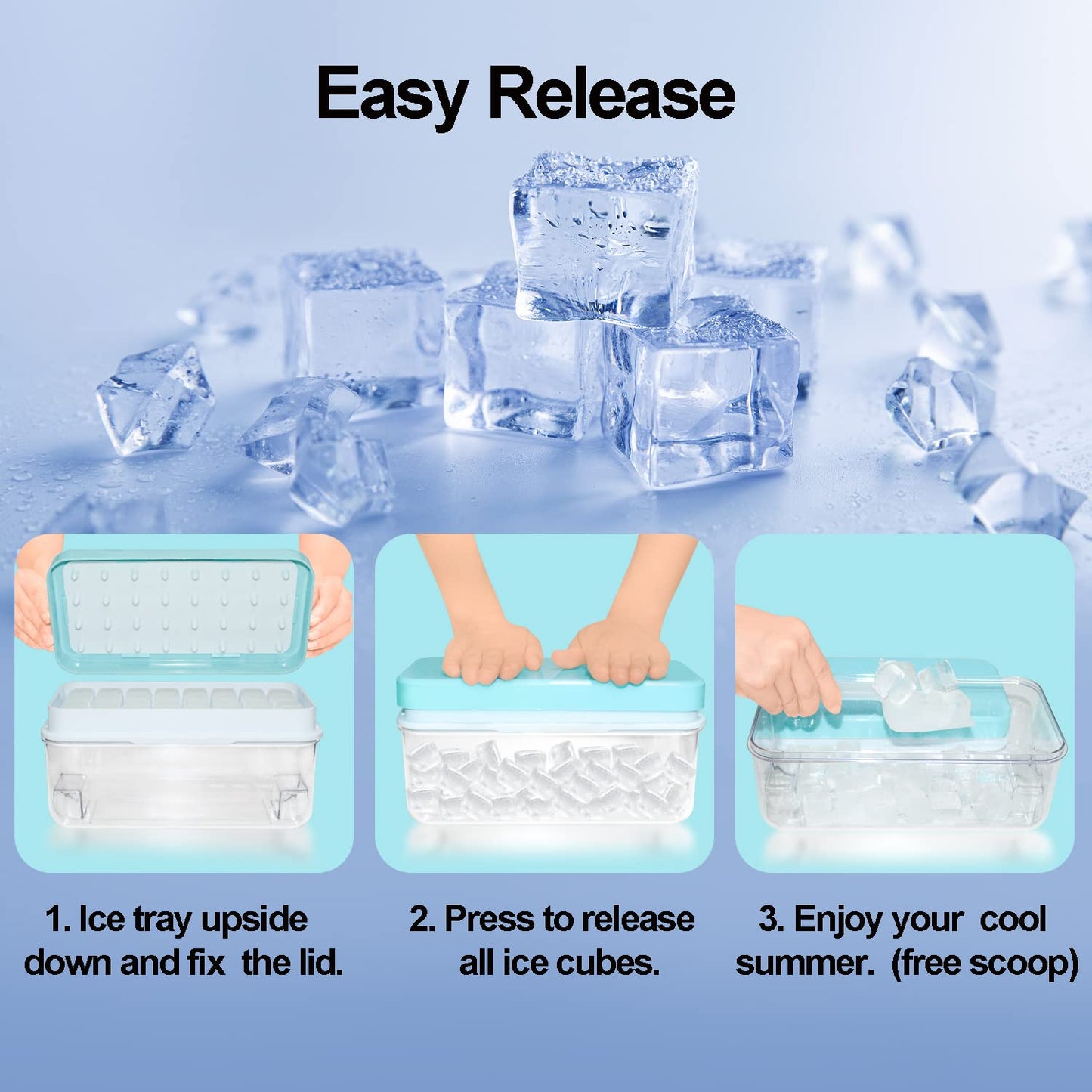 Ice Cube Trays for Freezer With Bin, Scoop, and Press Plate - 2 Tiers, Lid Included