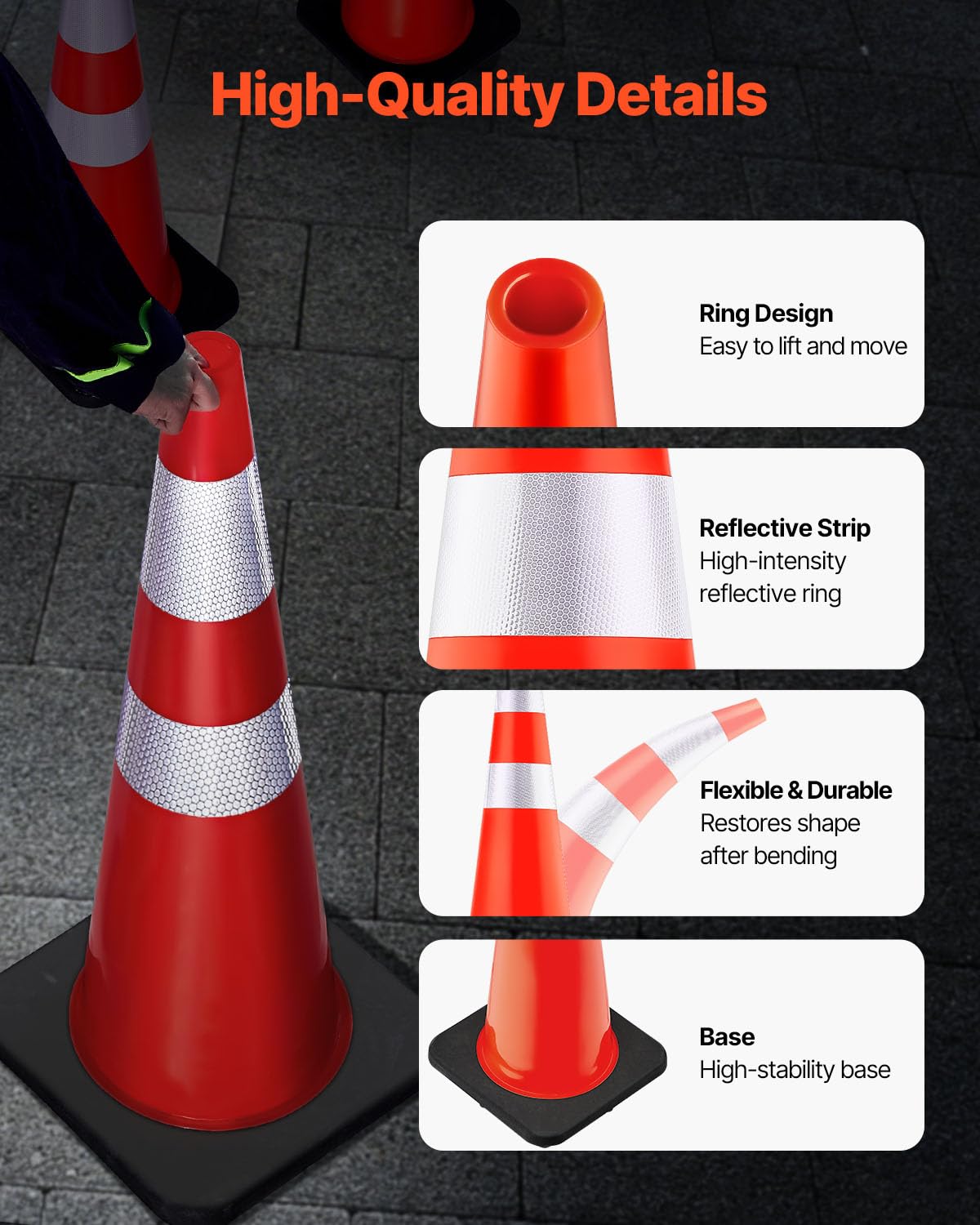 VEVOR Safety Cones, 6 Pack 36" Traffic Cones, PVC Orange Construction Cones with Reflective Collars and Black Weighted Base, for Traffic Control, Driveway Road Parking and School Improvement
