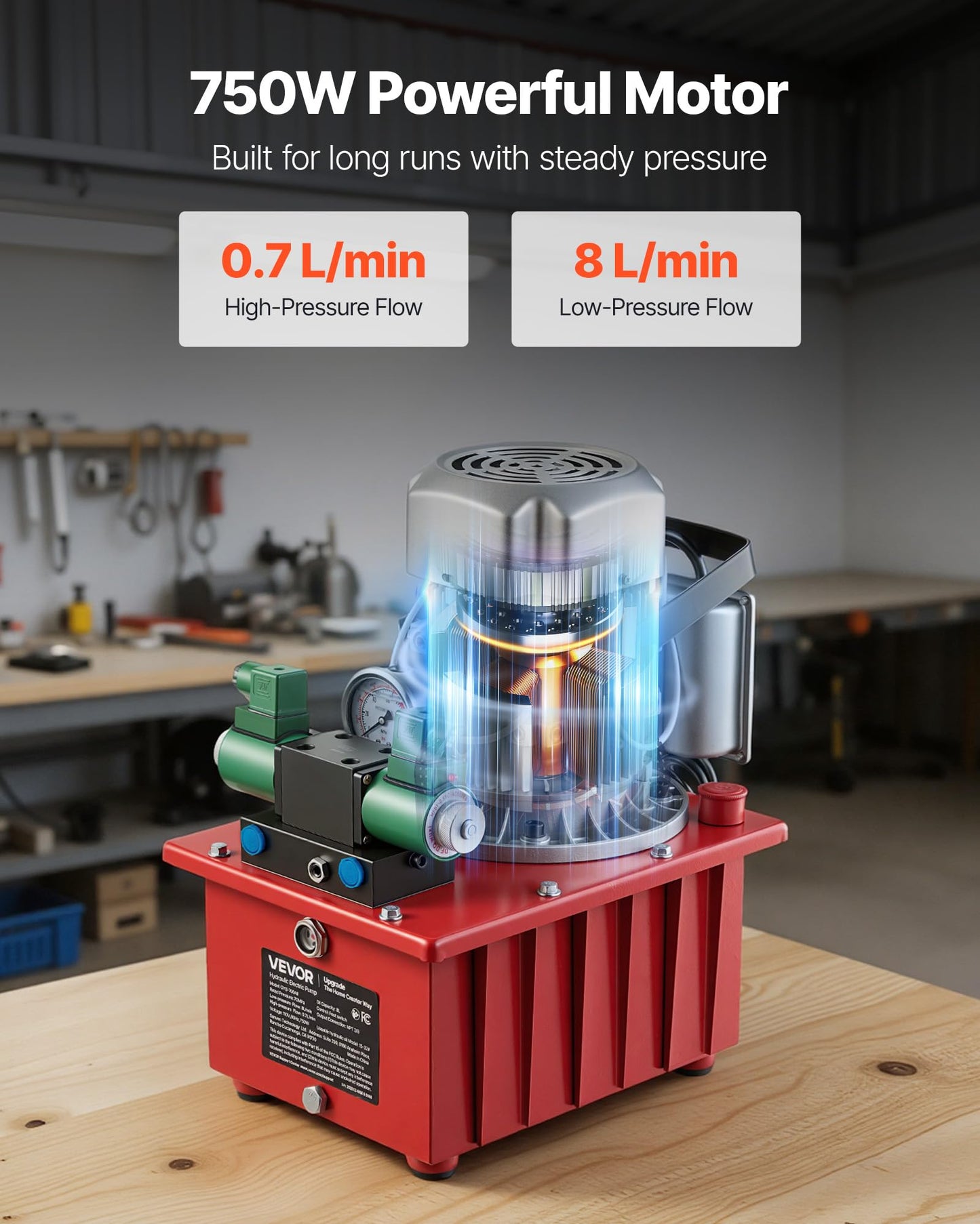 VEVOR Electric Driven Hydraulic Pump, 750W 10,000 PSI, 120V Double Acting Hydraulic Pump Power Pack Unit, Solenoid Valve with Pedal Switch, 2.1 Gal / 8L, for Punching, Bending, Double Acting Cylinders