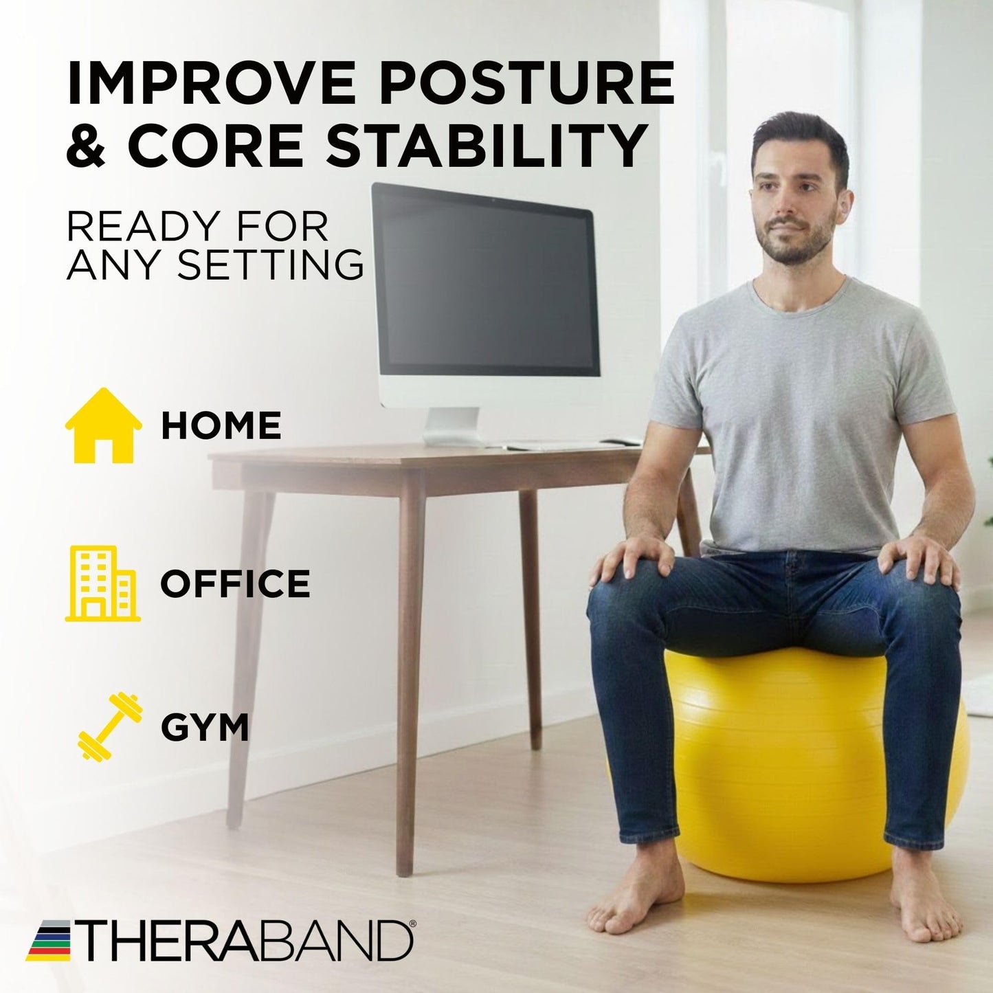 THERABAND Standard Exercise Ball, 18" Yellow Stability Trainer for 4'7"–5' Users, Yoga & Pilates Ball, Balance & Core Trainer, For Athletes Fitness at Gym & Home