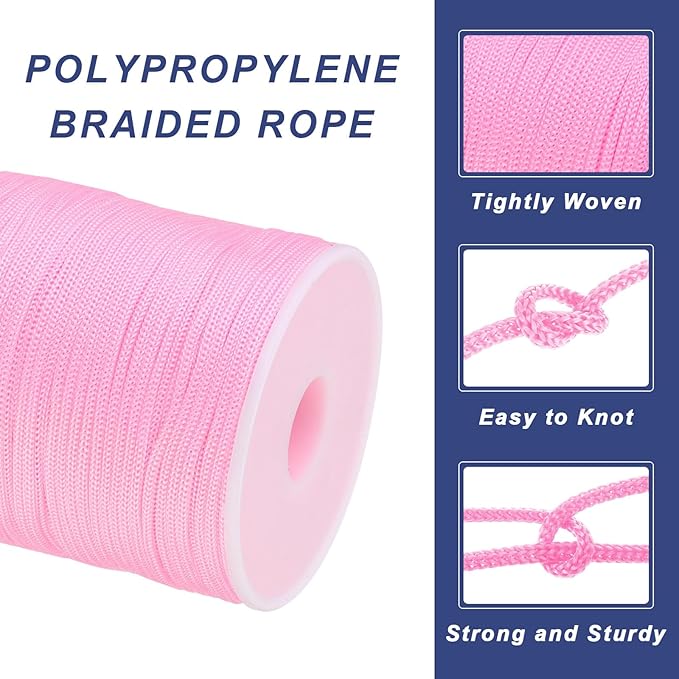 MECCANIXITY 1/12 Inch Polypropylene Rope Braided Ropes, 328ft Nylon Rope Hollow Utility Cord for Clothesline, Camping, Hiking, Outdoor, Light Pink