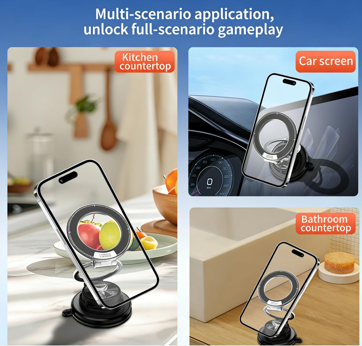 Metal Magnetic Car Mount with Vacuum Suction Base, 360° Rotatable Phone Holder Compatible with MagSafe, Foldable, Black, Magnetic Ring Included for Your Car/Gym/Mirror Mount for iPhone & Android