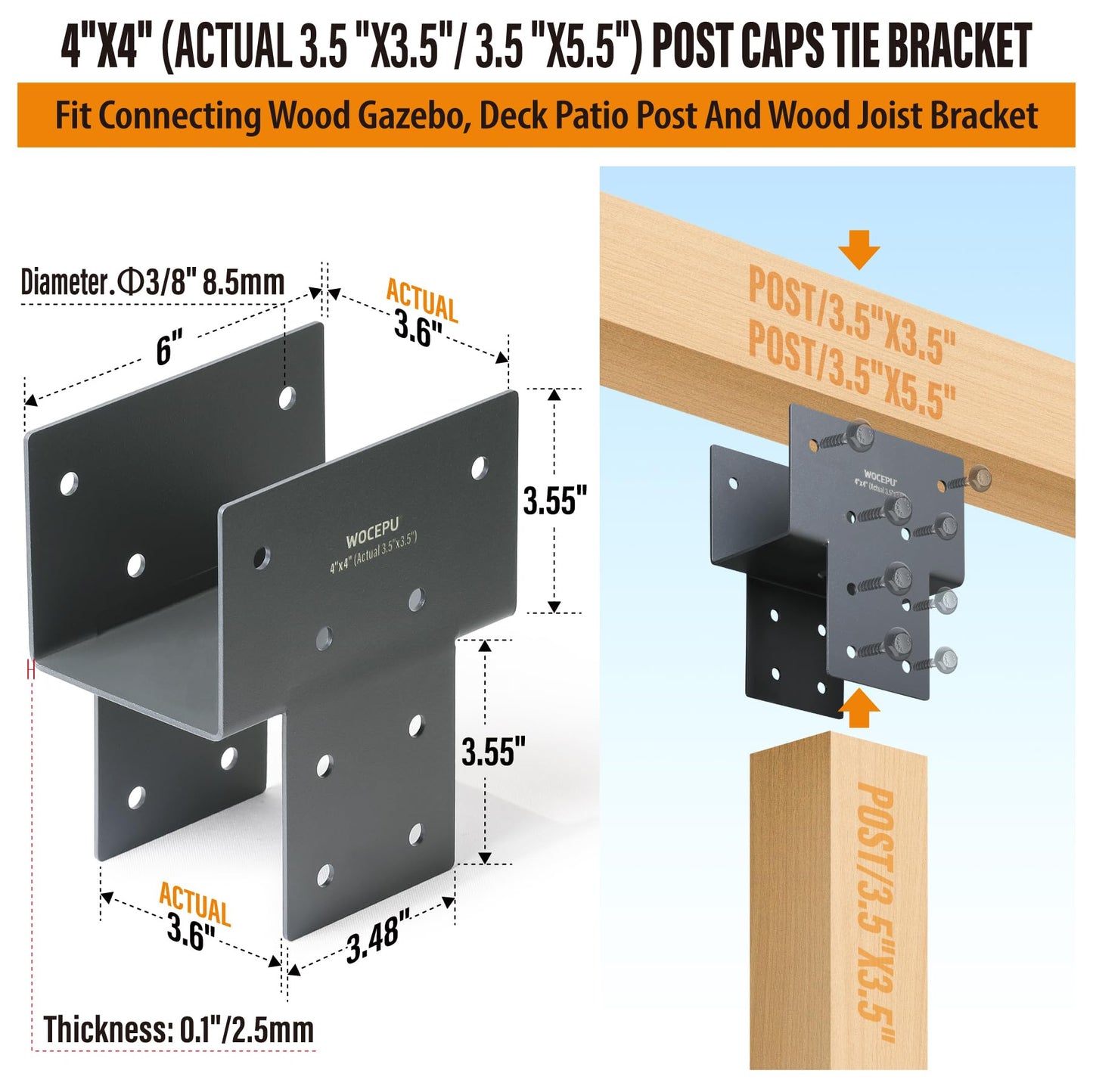 Wocepu 2 Pack Heavy Duty 4x4 (Actual 3.5"x3.5") Stainless Steel Post Caps Tie Bracket, Fit Connecting Wood Gazebo, Deck Patio Post and Wood Beams Bracket (Dark Ggray)