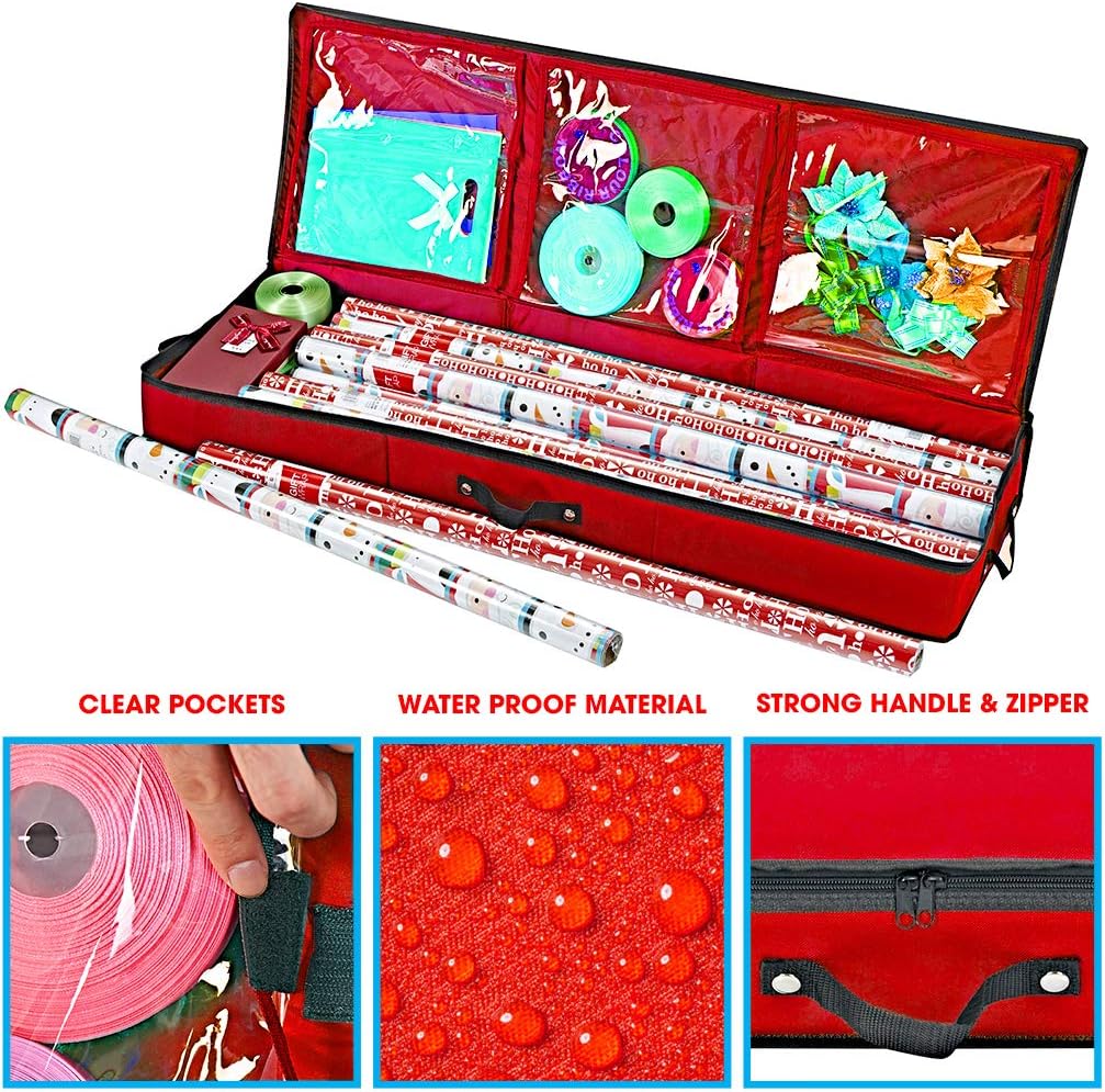 Primode Wrapping Paper Storage Container - Gift Wrap Organizer Under Bed | Fits 18-24 Rolls Up to 40” | 600D Oxford | Red with Pockets for Ribbons and Bows