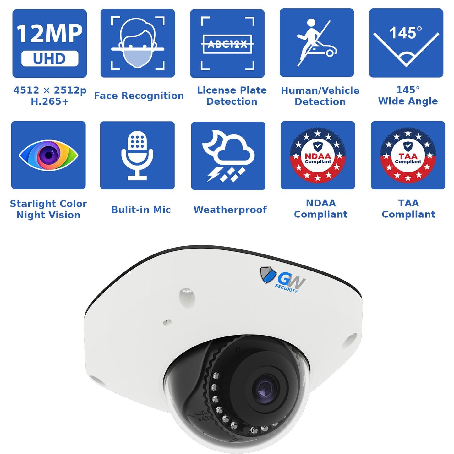 GW Security 64 Channel 12MP 4K @30FPS Face Recognition License Plate Detection PoE AI Security Camera System with 32 x 12MP (4512x2512P) IP Color Night Vision Waterproof Microphone Smart Dome Cameras