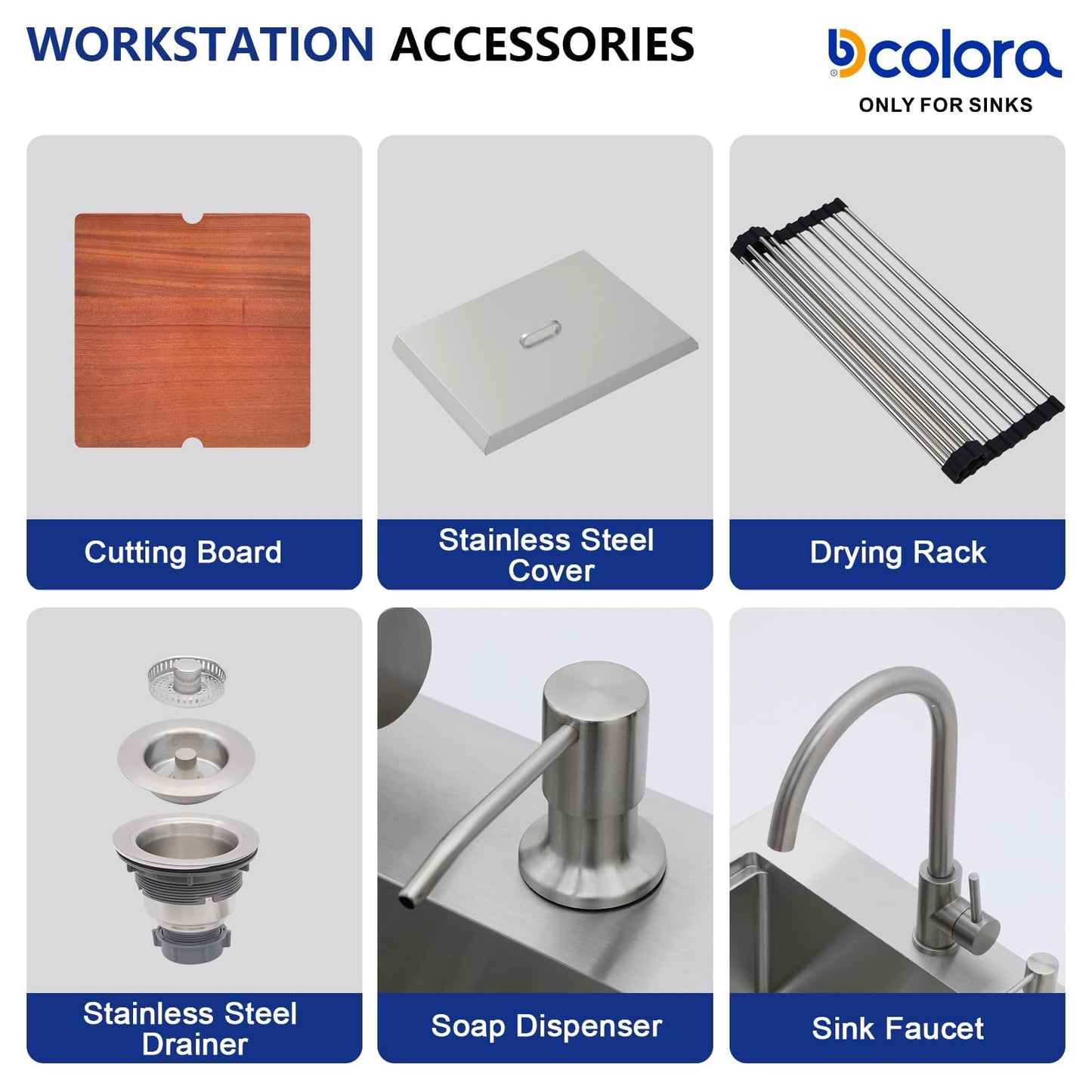 Dcolora 20 In. Outdoor Kitchen Sink, Drop In Workstation Bar Sink for Patio, RV and Utility Use, Single Bowl 304 Stainless Steel with Faucet and Dust Lid, 20"x19"x9" #DC-SFDOE00160