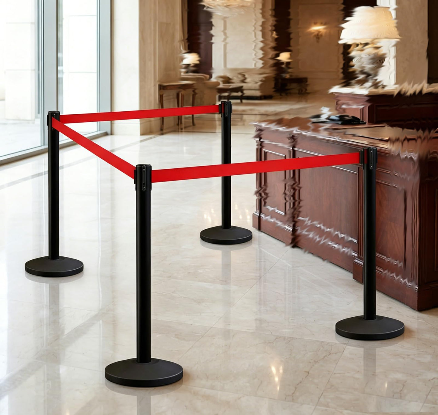 YIDELAI Crowd Control Stanchions Set of 4, Heavy Duty Black Queue Barrier Posts with Retractable Red Belt, Safety Barriers for Events, Retail, Bank, Airport, Theater