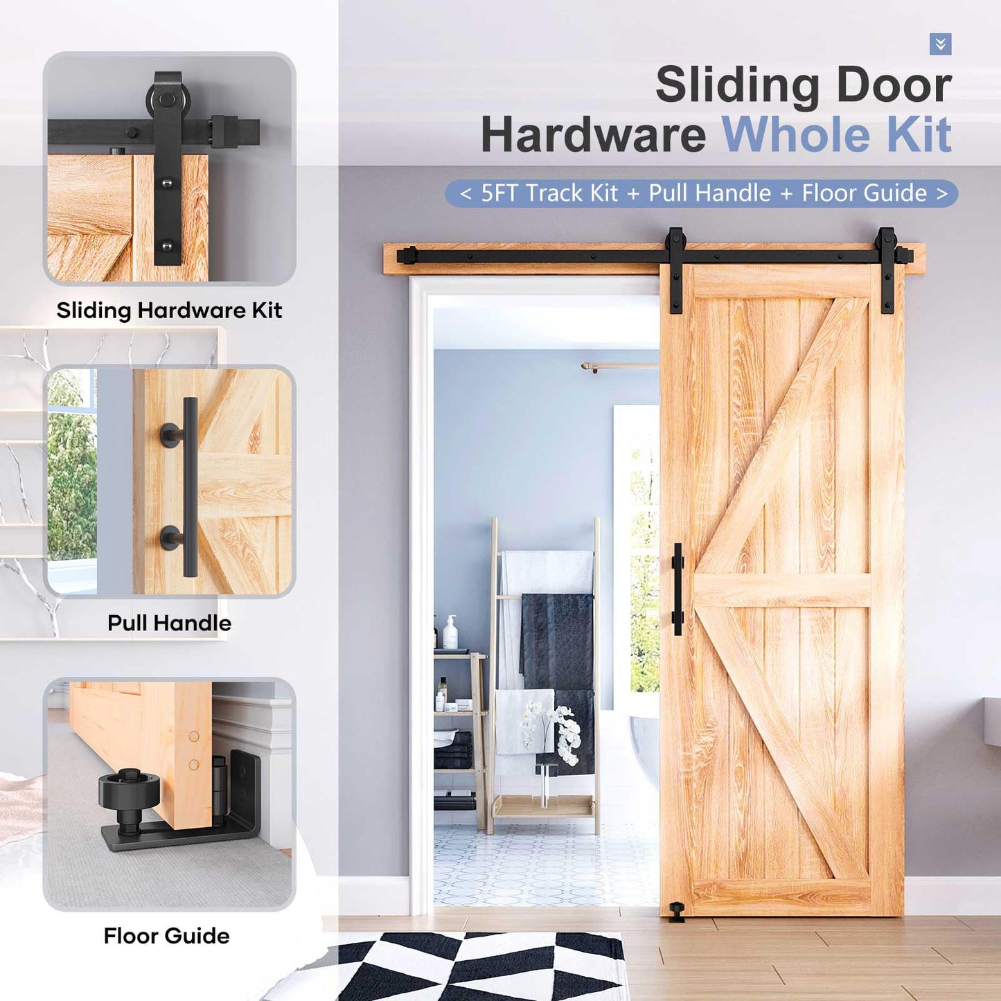 EaseLife 5 FT Sliding Barn Door Track and Handle Hardware Kit,Basic J Pulley,Slide Smoothly Quietly,Easy Install (5FT Track Kit for 24"~30" Wide Single Door)