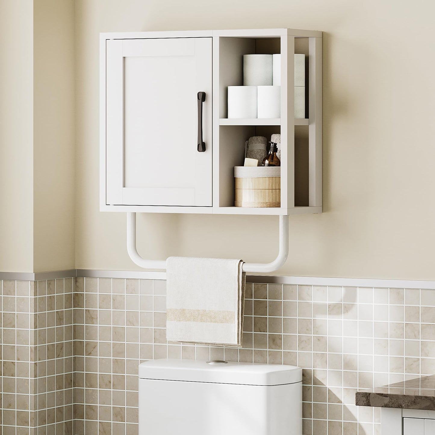 YATINEY Medicine Cabinet, Bathroom Wall Cabinet with Towel Bar, Over The Toilet Storage Cabinet with Adjustable Shelf and Open Partition, for Bathroom, Laundry Room, Living Room, Kitchen, White