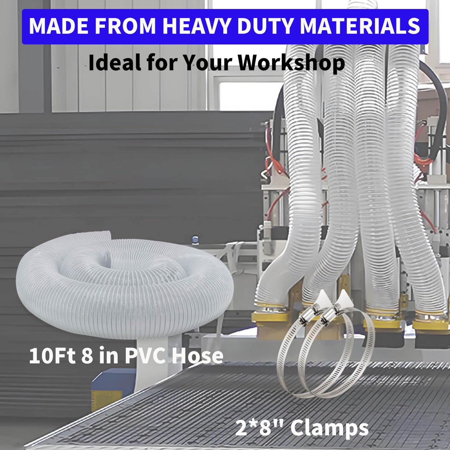 JUYO VONSAN 8 Inches Dust Collection Hose 10ft Flex Heavy Duty 8 In Clear PVC Dust Debris Collector Hose With Connector and Clamps (8'' X 10ft)