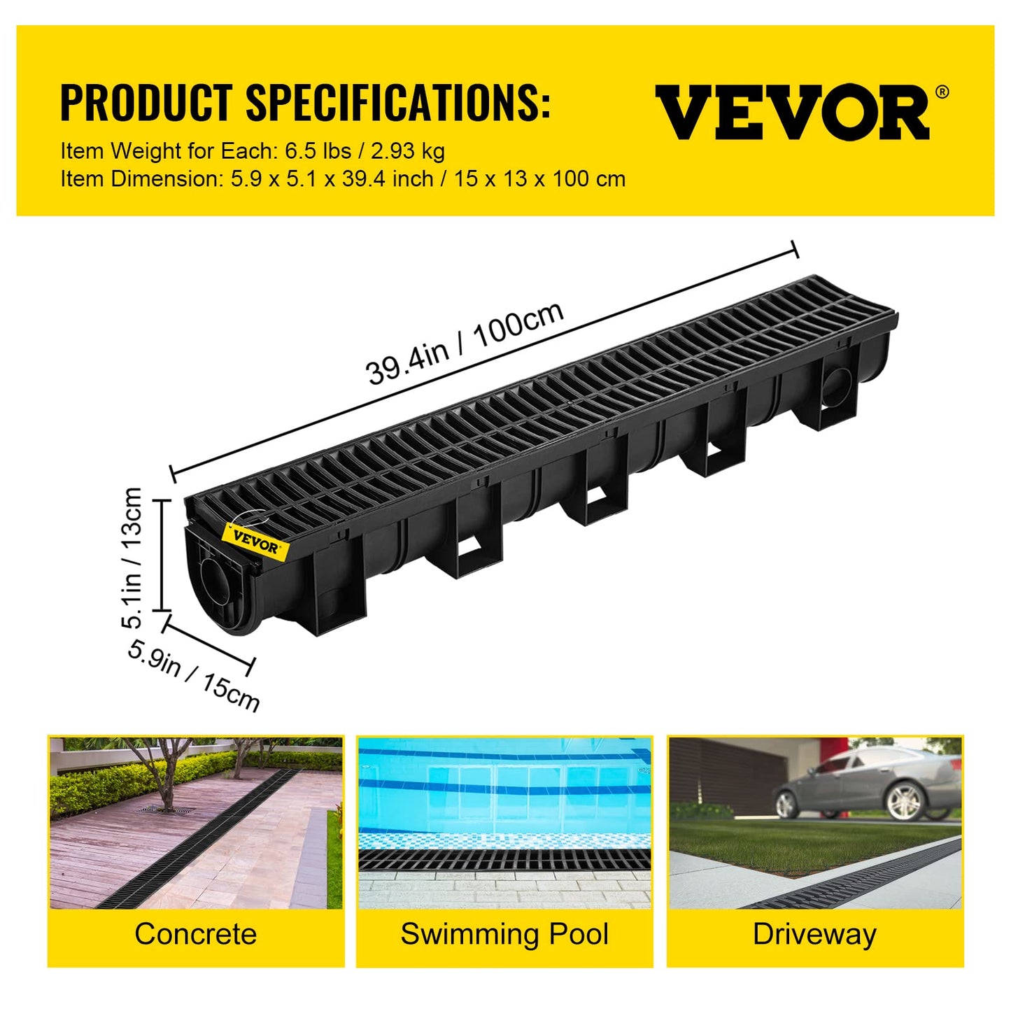VEVOR Trench Drain System with Plastic Grate, 5.9x5.1-Inch HDPE Channel Drainage for Garden, Driveway - 6 Pack