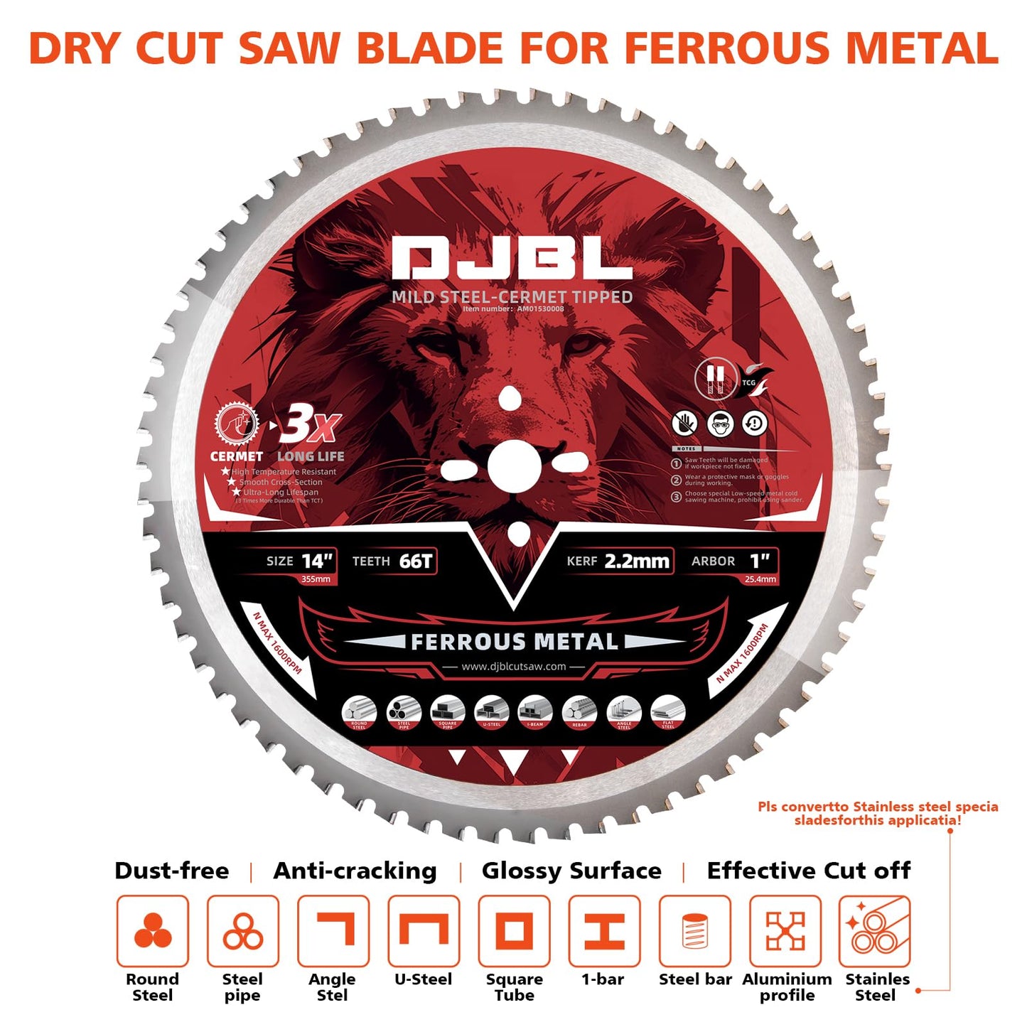 DJBL 14" 3500w Brushless Cold Cut Saw,Dry Cut Saw Cutting Speeds Changeable,Brushless Motor Metal Cut Chop Saw with 66 Teeth Ferrous Metal Cutting Blade,45 Degree Adjustable
