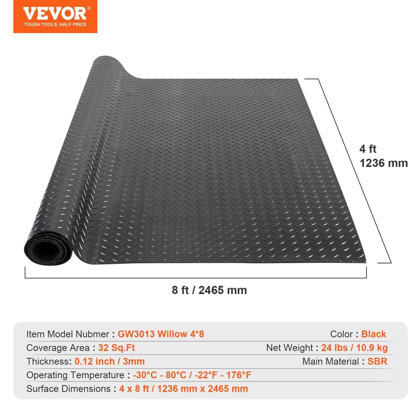 VEVOR Diamond-Plate Rubber Flooring Roll, 3 mm x 4 ft x 8 ft Floor Mat, SBR Rubber Roll, Easy to Clean, for Under Cars, Garage, Industry, Gym, Black