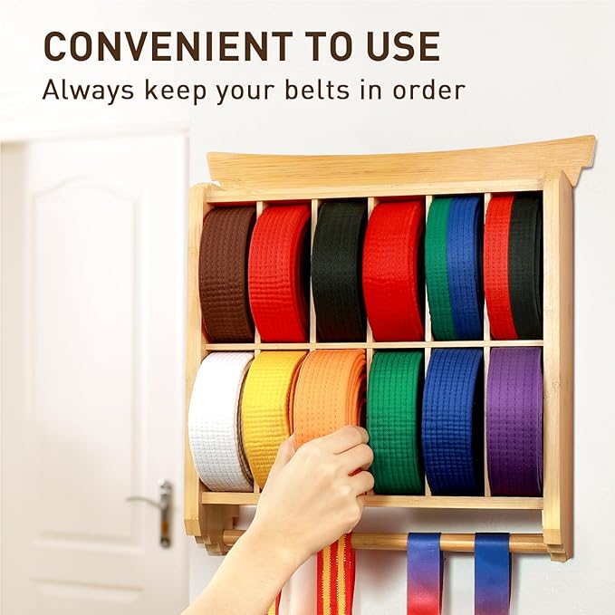 Tilhumt 12 Belts Karate Belt Display Rack with Trophy and Medal Display Rack, Taekwondo Belt Display Rack with Stickers, Martial Arts Belt Display for Kids and Adults